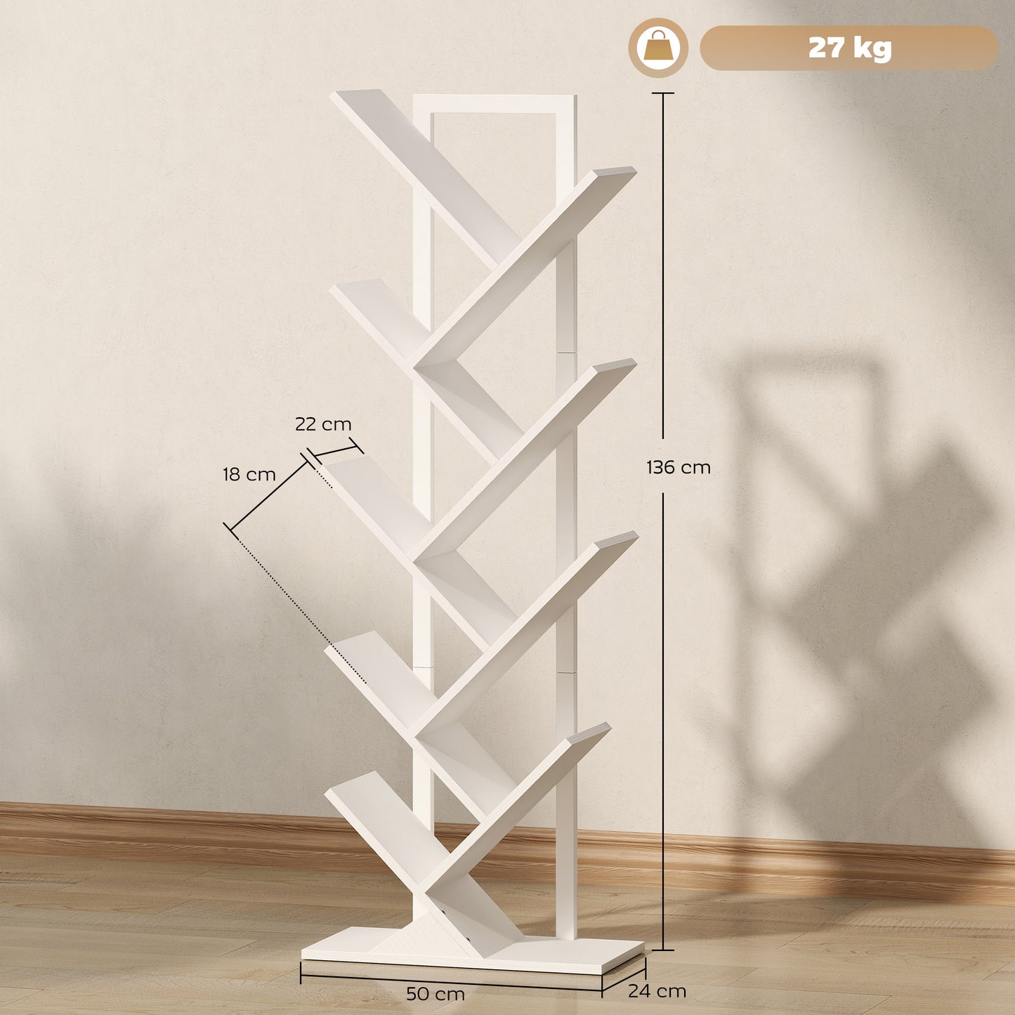 HOMCOM 9-Tier Tree Bookshelf Bookcase Freestanding Industrial Steel Frame Display Storage White