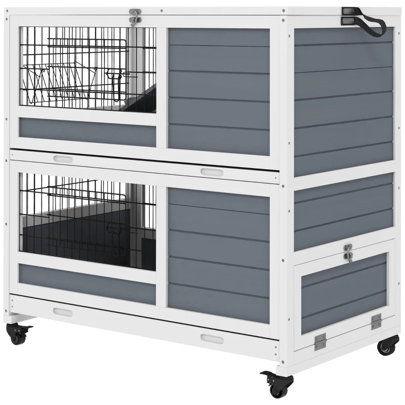 PawHut Grey Double Decker Guinea Pig Cage - Indoor Rabbit Hutch with Feeding Trough, Trays, Ramps, and Openable Top - ALL4U RETAILER LTD