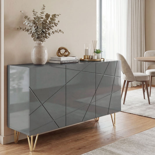 HOMCOM Modern Luxe High Gloss Sideboard with Hairpin Legs in Grey Gold Colored Finish with Two Large Storage Areas