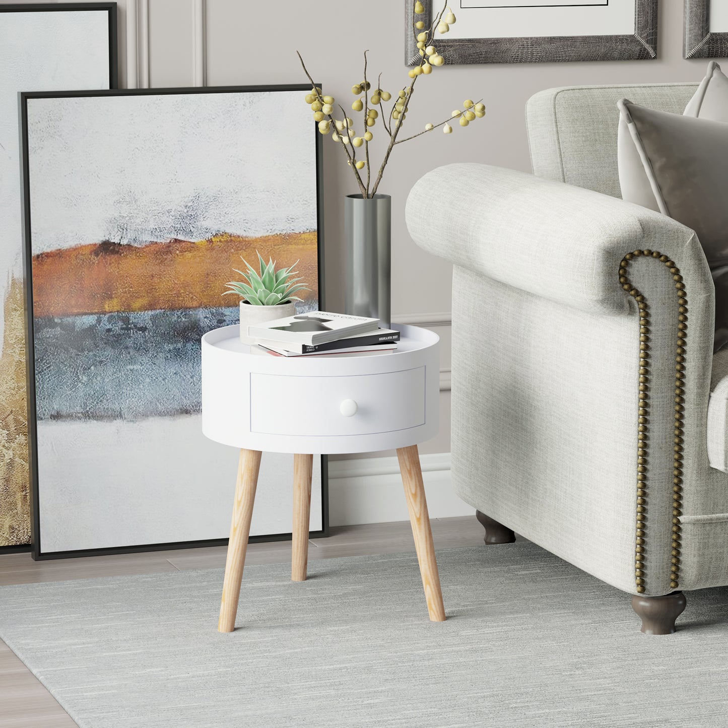 HOMCOM Round End Tables Set Of 2 With Drawer And Wood Legs White Modern Small Coffee Tables For Living Room Bedroom