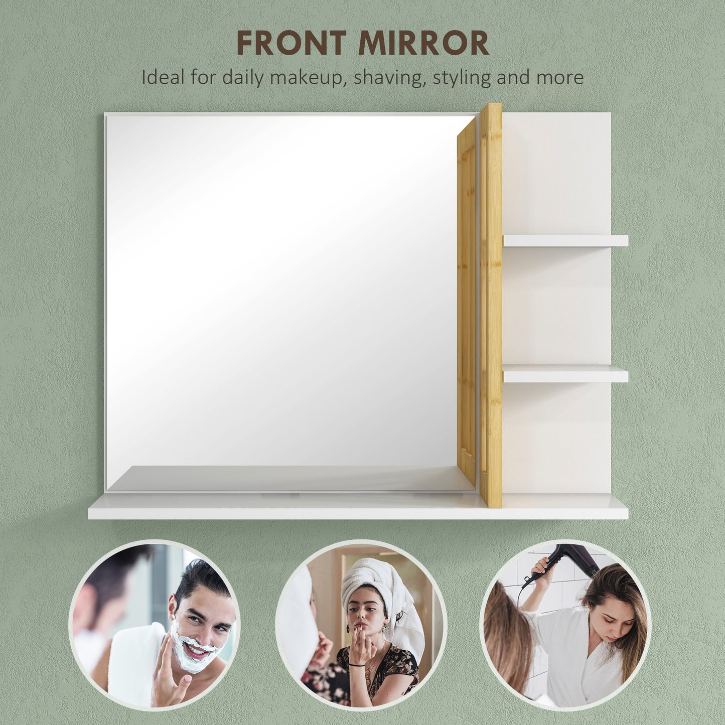 Homcom Bamboo Panel Bathroom Mirror With Shelves White Large Wall Mounted Storage Cabinet