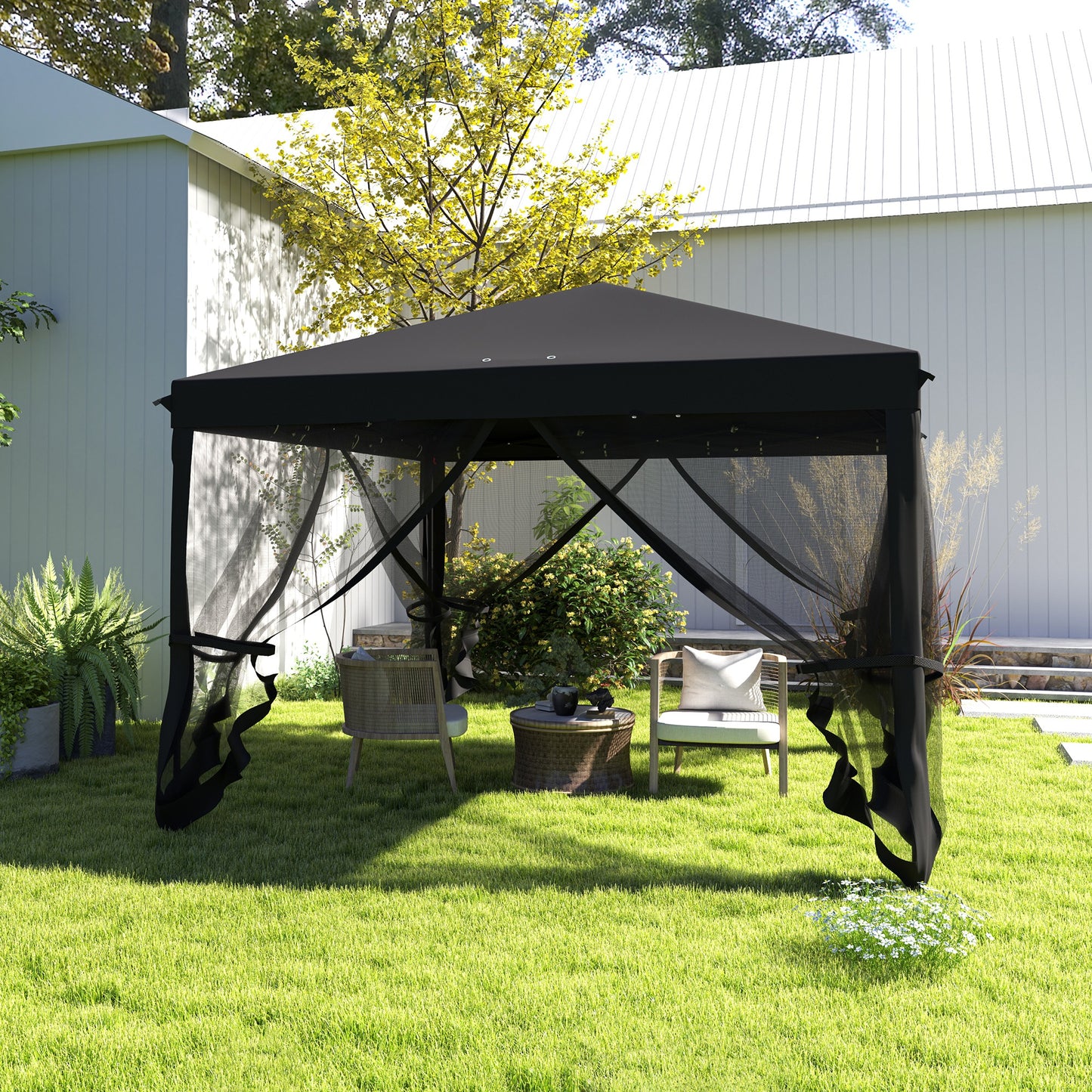 Outsunny 3 X 3 M Pop Up Gazebo With 420D Canopy Removable Mesh Sidewall Netting Carry Bag Black