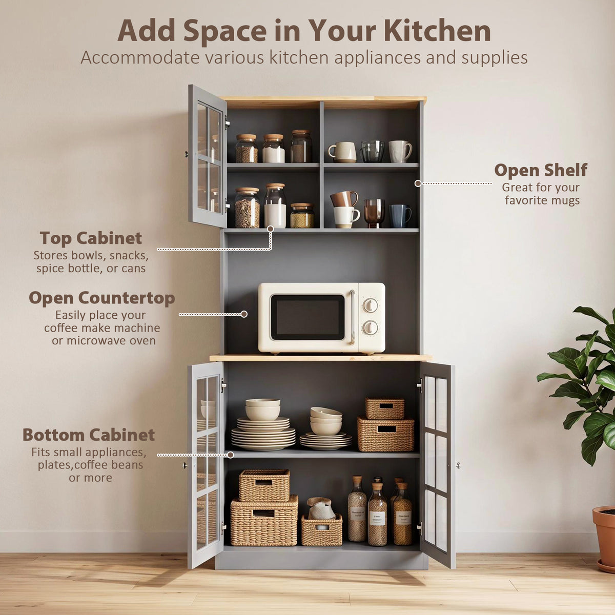 Homcom Kitchen Buffet Hutch With Three Cabinets And Open Shelves Grey