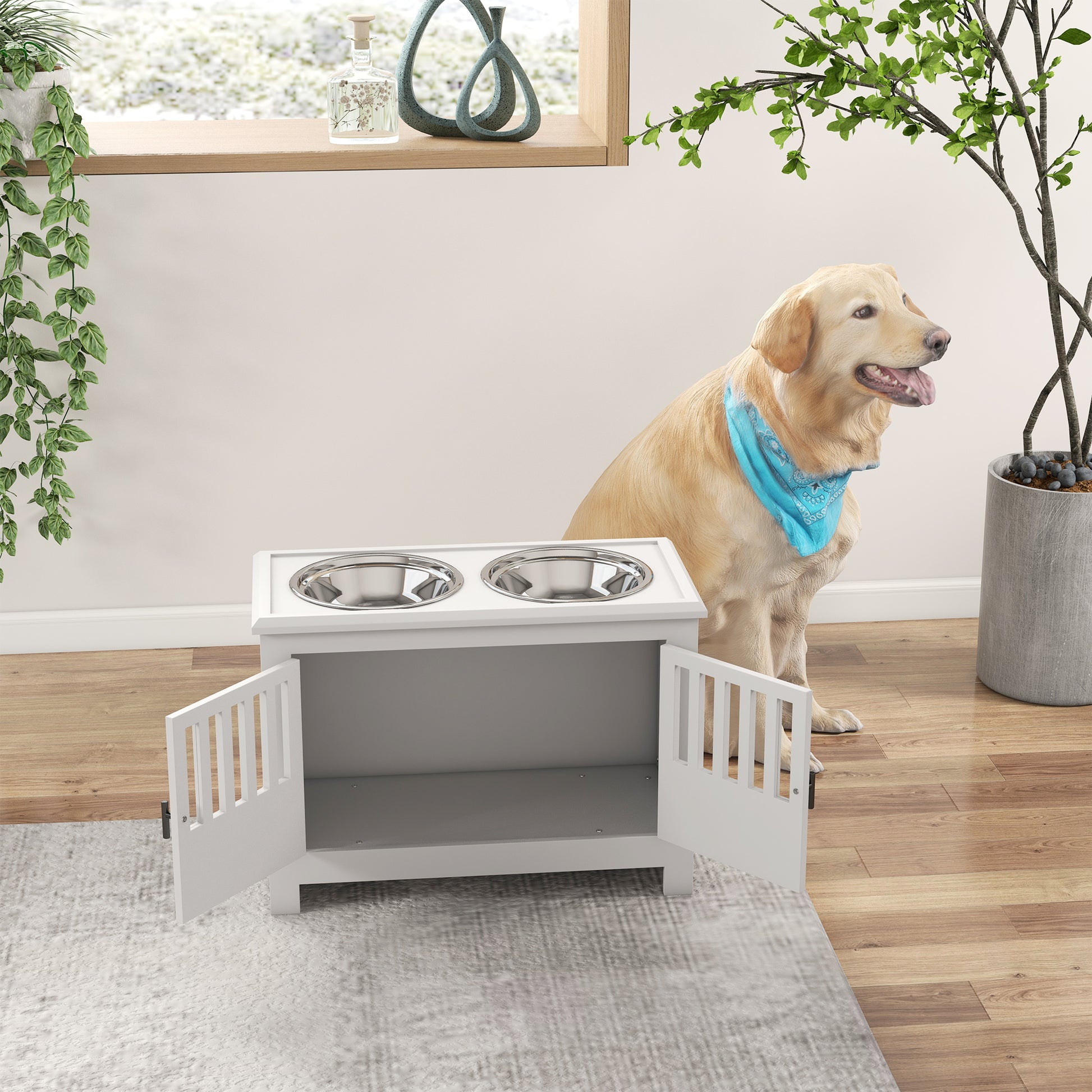 PawHut Elevated Pet Feeding Station with Storage for Large Dogs - Stylish White Design - ALL4U RETAILER LTD