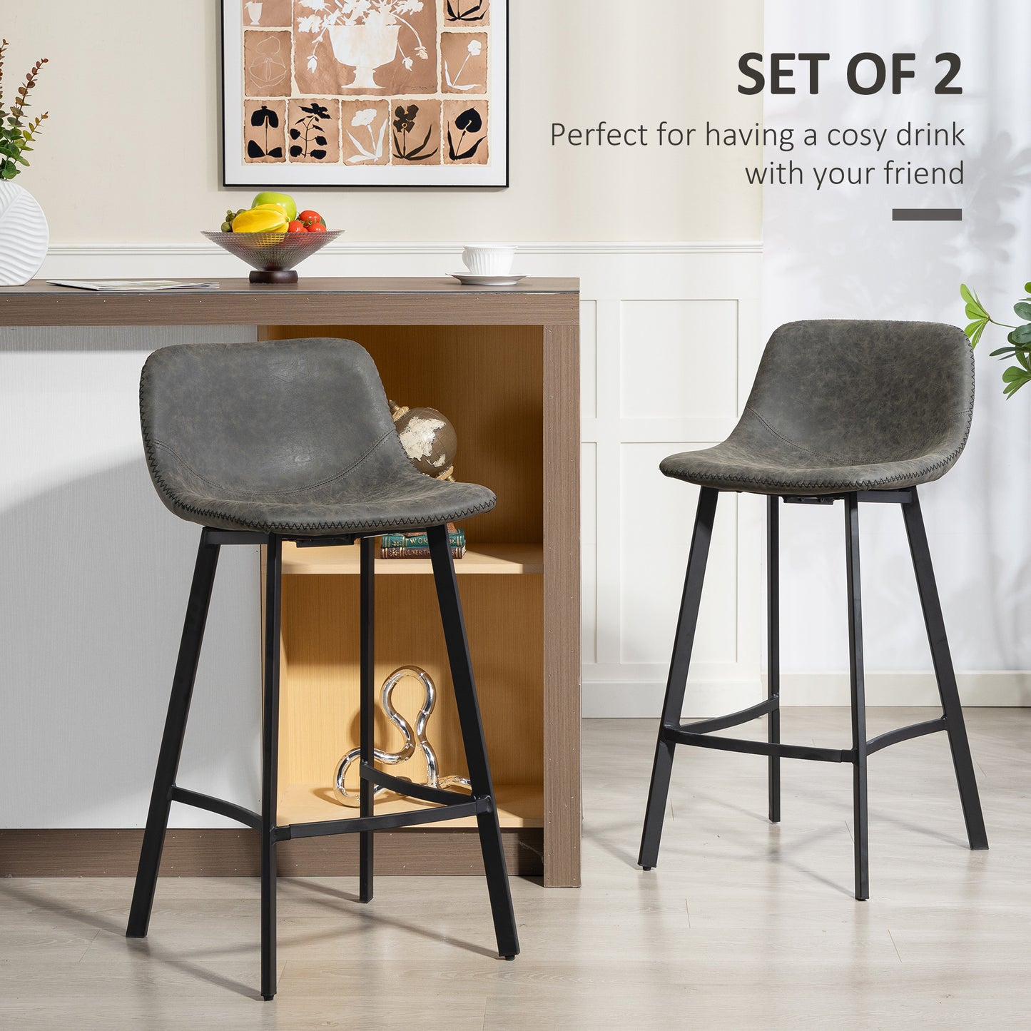 HOMCOM Bar Stools Set Of 2 PU Leather Dining Stools With Backrest And Footrest For Kitchen Counter Breakfast Bar Grey