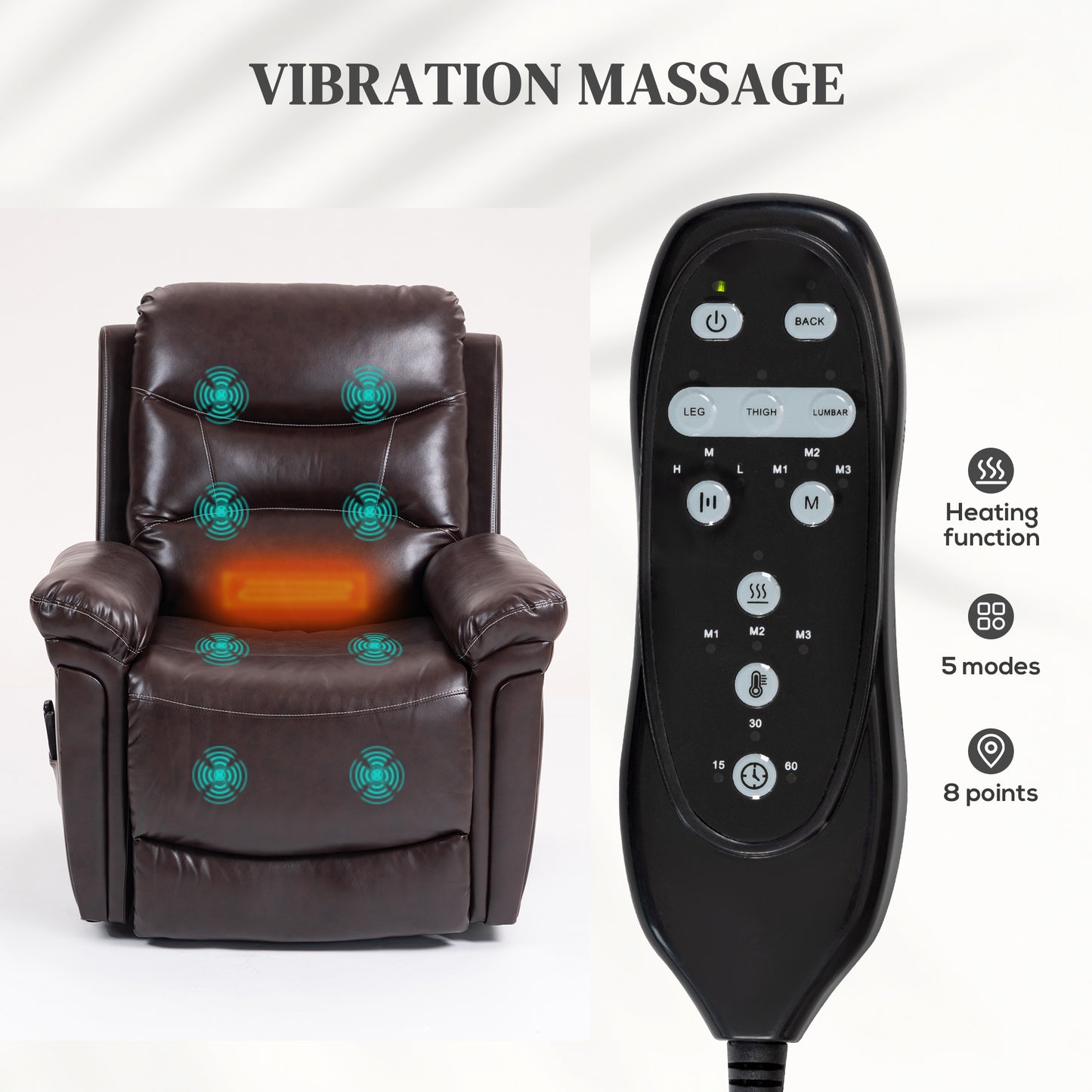 HOMCOM Power Lift Recliner Chair With Vibration Massage And Heat USB Brown With Remote Control