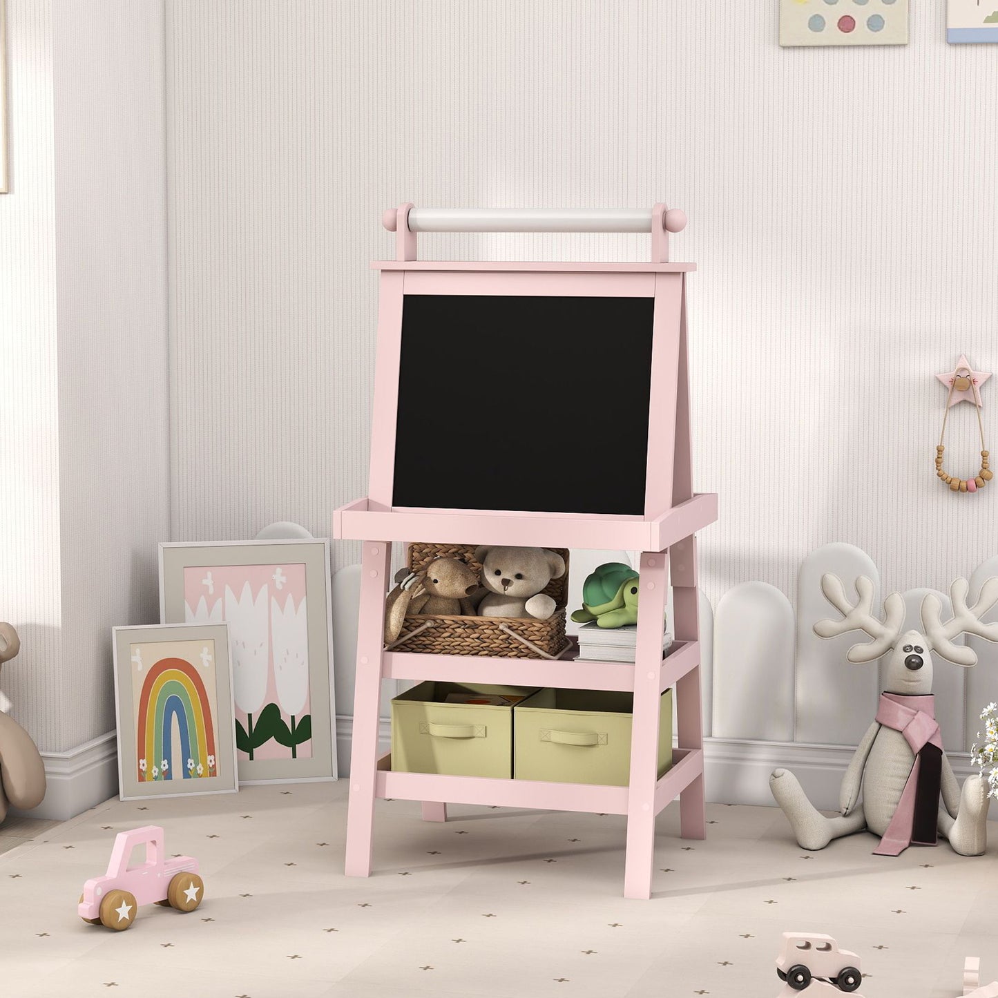 AIYAPLAY 3 In 1 Kids Easel Double Sided Magnetic Whiteboard And Chalkboard With Paper Roll And Storage Baskets Pink
