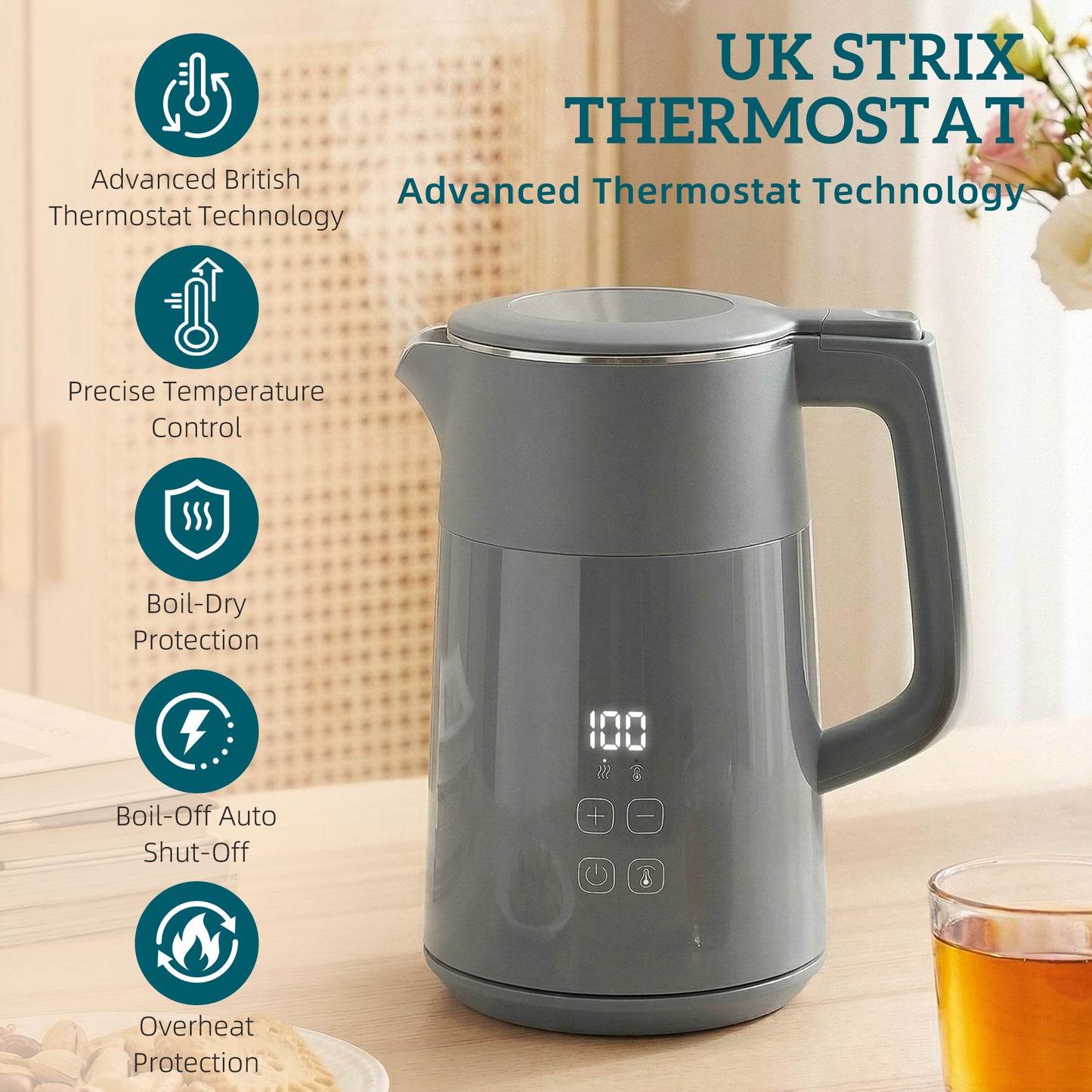 HOMCOM 1.7L Electric Kettle 3kW Fast Boil With UK Strix Thermostat LED Display Keep Warm Grey