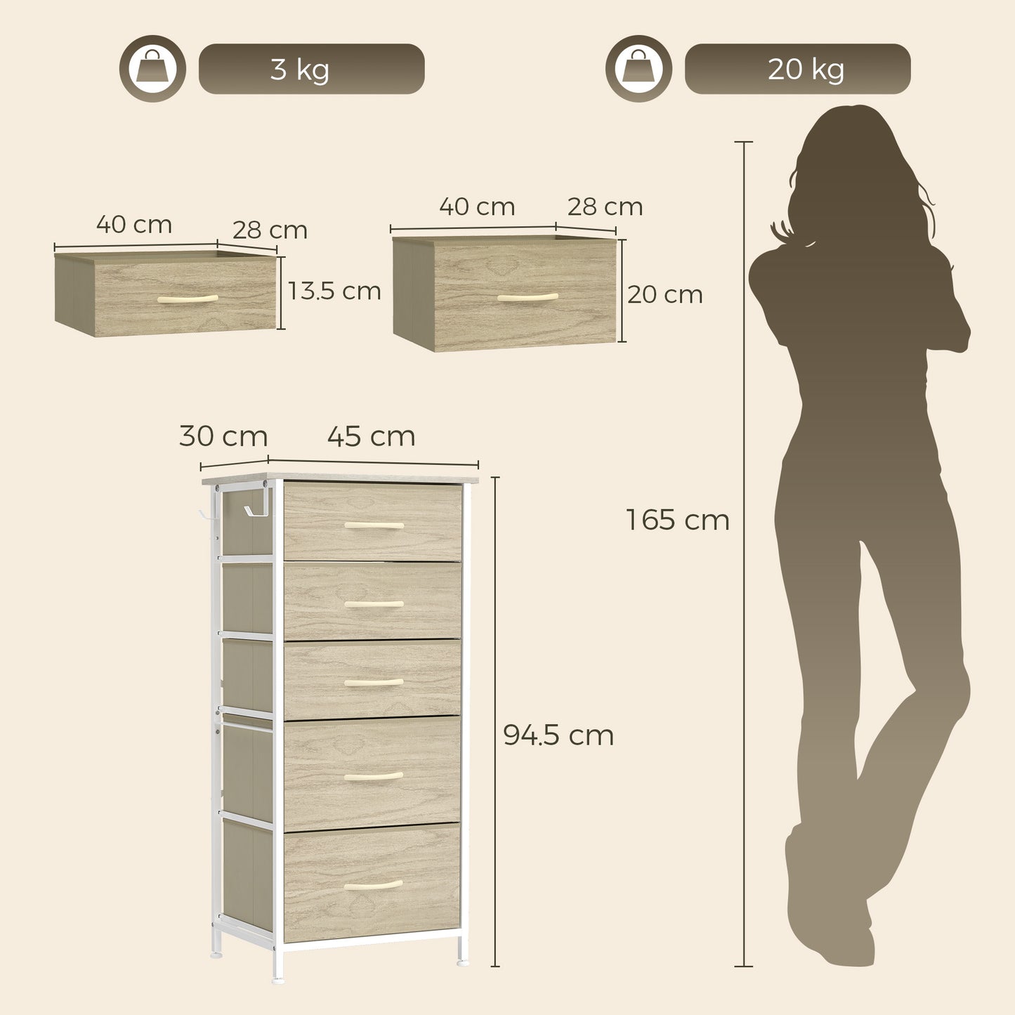 Homcom Chest of Drawers with 5 Fabric Drawers Steel Frame Storage Unit