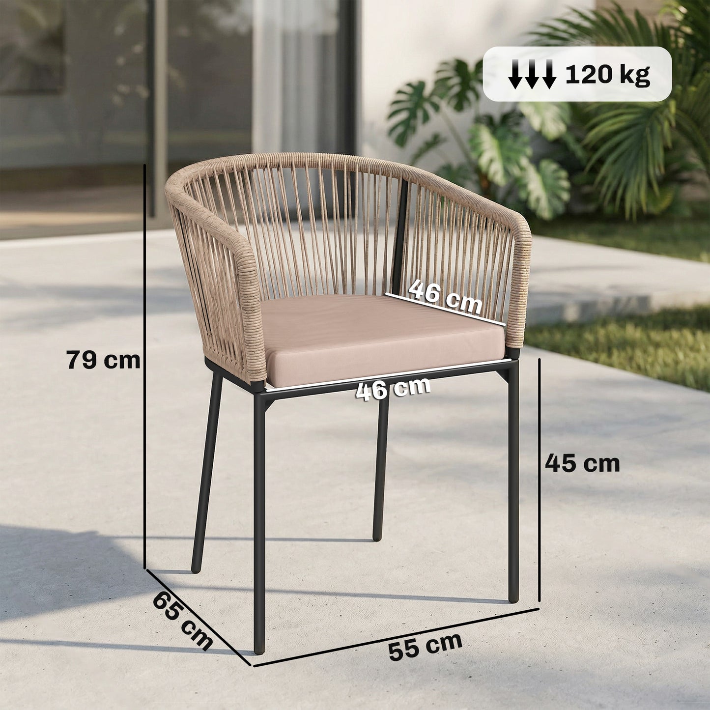 Outsunny Garden Chairs Set Of 2 Rattan Dining Chairs With String Back And Armrests Cushions Included Natural Wood