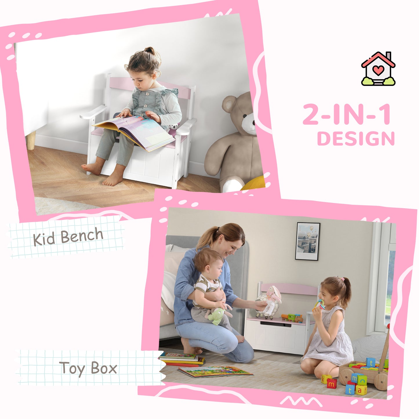 AIYAPLAY 2 In 1 Toy Box With Lid Kids Storage Bench Pink For Bedroom Nursery Playroom