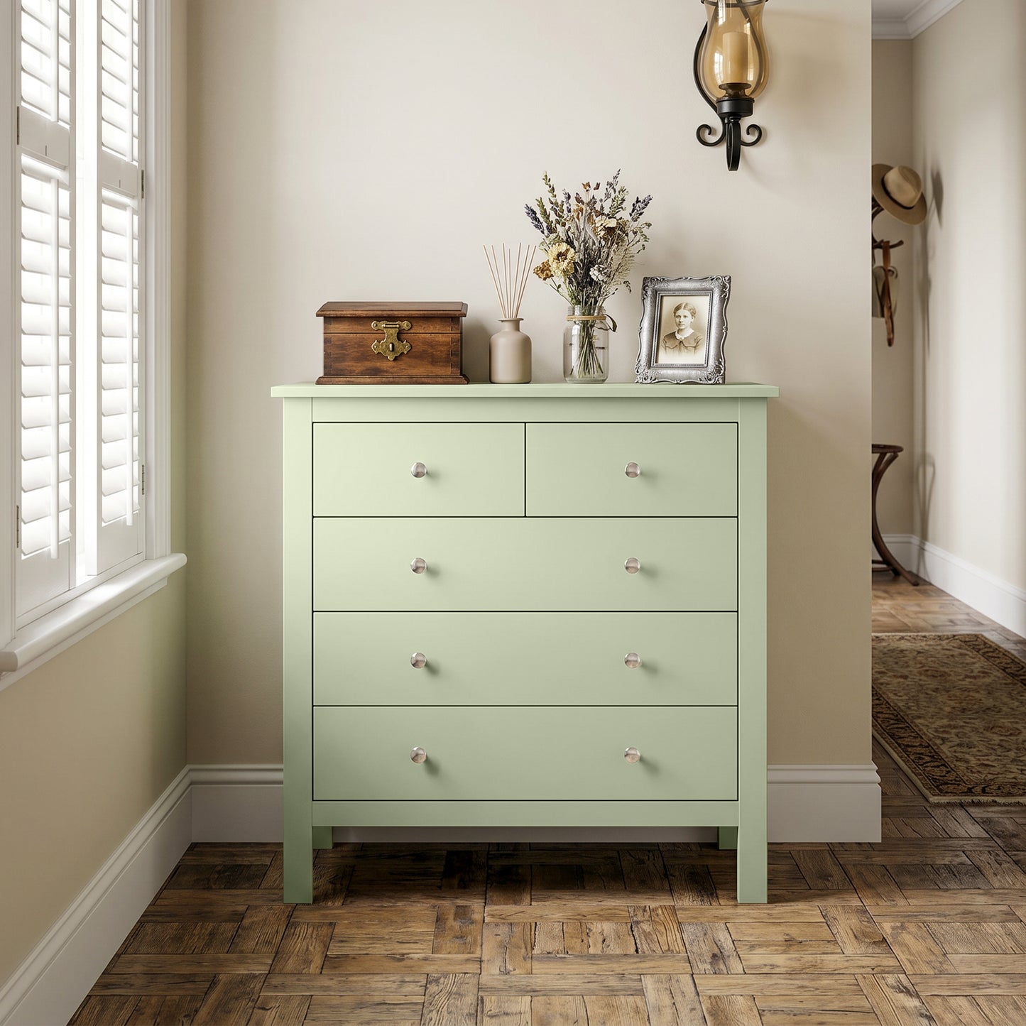 HOMCOM 5 Drawer Dresser Sage Green Modern Chest Of Drawers Wide Storage Unit For Bedroom Living Room Hallway