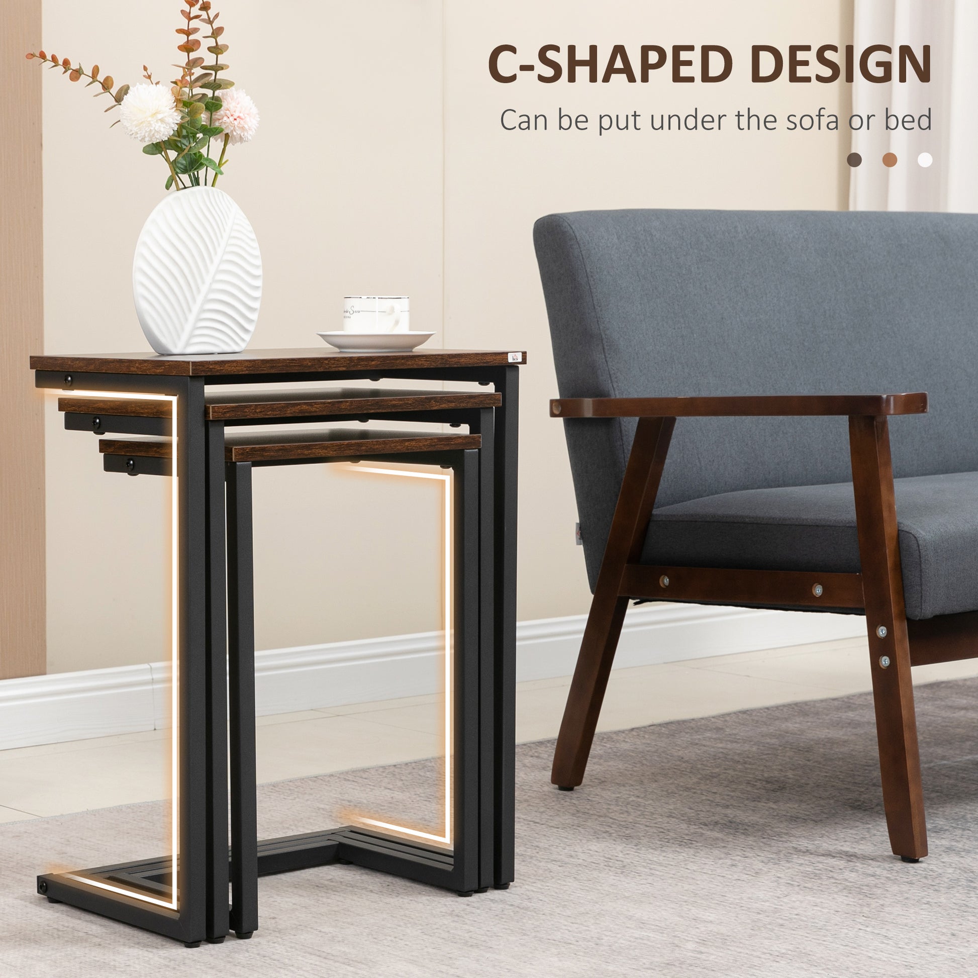HOMCOM Industrial C-Shaped Nesting Tables Set of 3 for Living Room, Rustic Brown Steel Frame Snack Tables - ALL4U RETAILER LTD