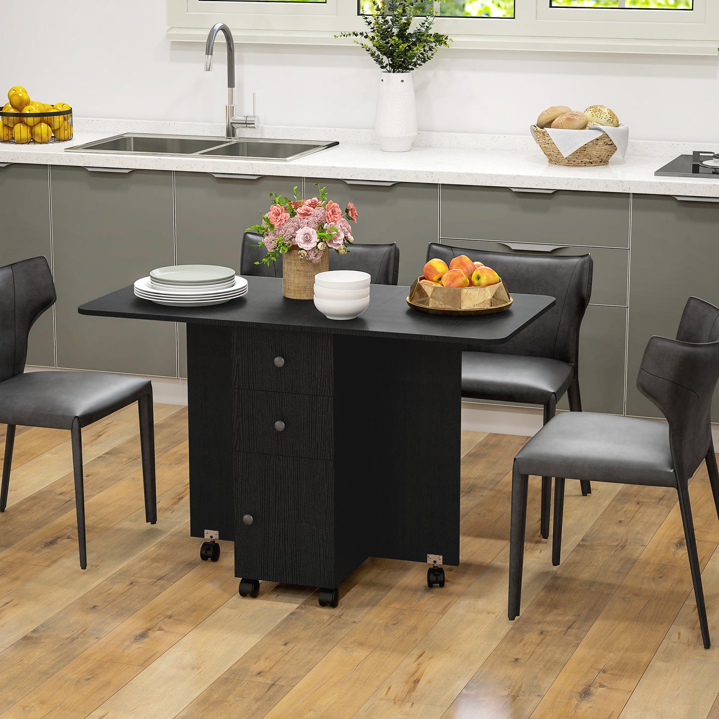HOMCOM Multi Storage Six Person Drop Leaf Dining Table Distressed Black With Lift Up Tabletops And Built Storage Drawers