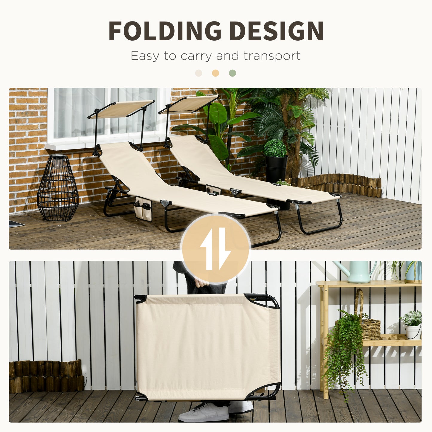 Outsunny Folding Sun Loungers With Canopy Adjustable Recliners Side Pocket Steel Frame For Pool Beach Garden Tan Brown