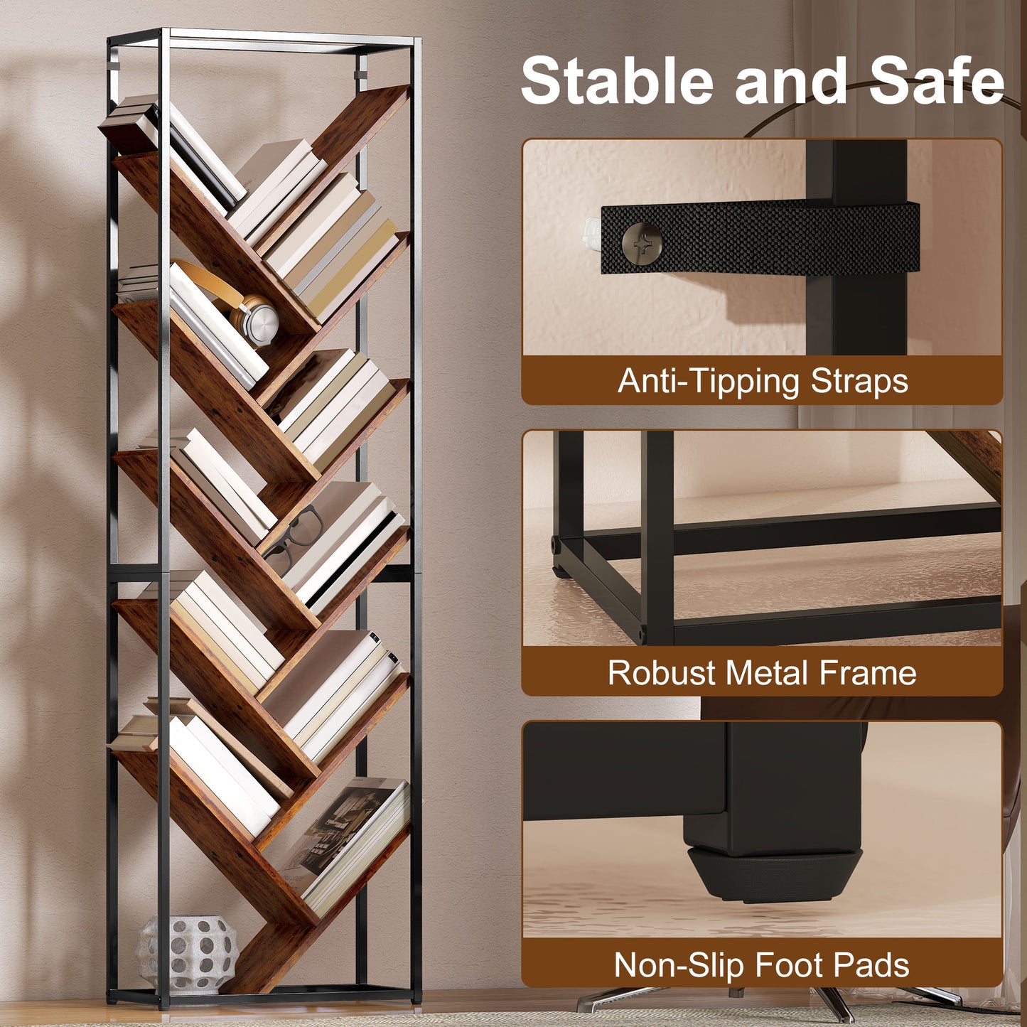 HOMCOM 10 Shelf Industrial Style Tree Bookshelf With Metal Frame Black And Brown