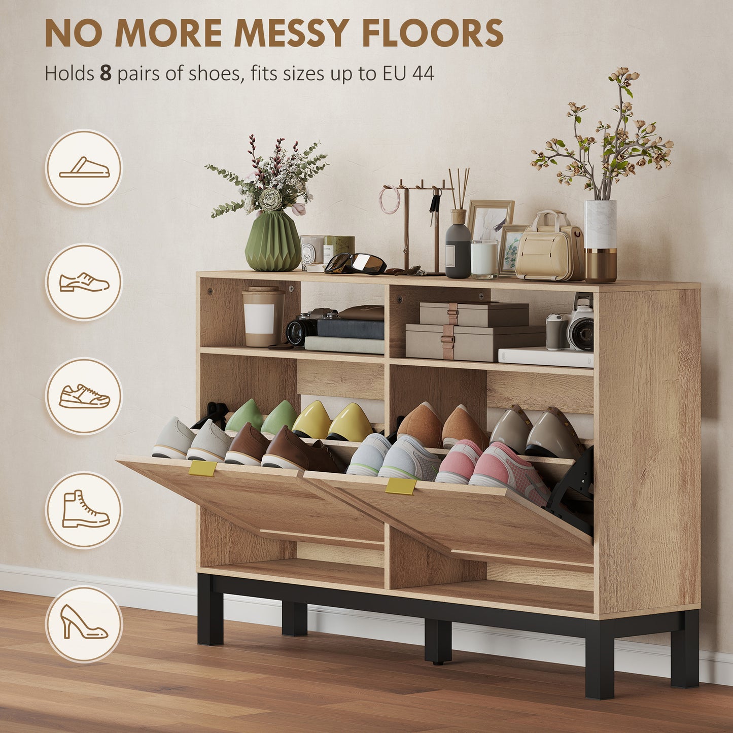 HOMCOM Walnut Brown Shoe Cabinet With 2 Flip Down Drawers Narrow Entryway Hallway Shoe Storage