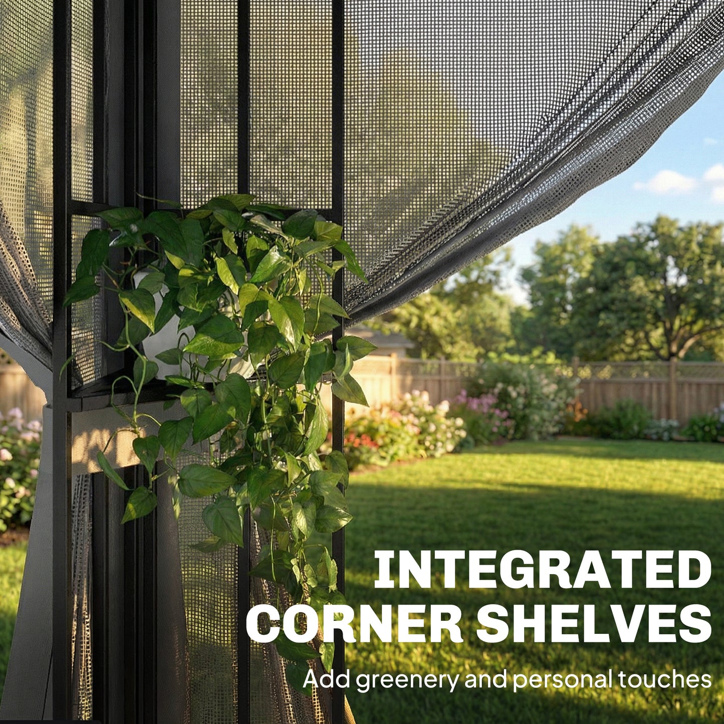 Outsunny 3 X 3.6 m Outdoor Garden Gazebo With Post Shelves UPF50 Plus Roof Mesh Panels Dark Grey
