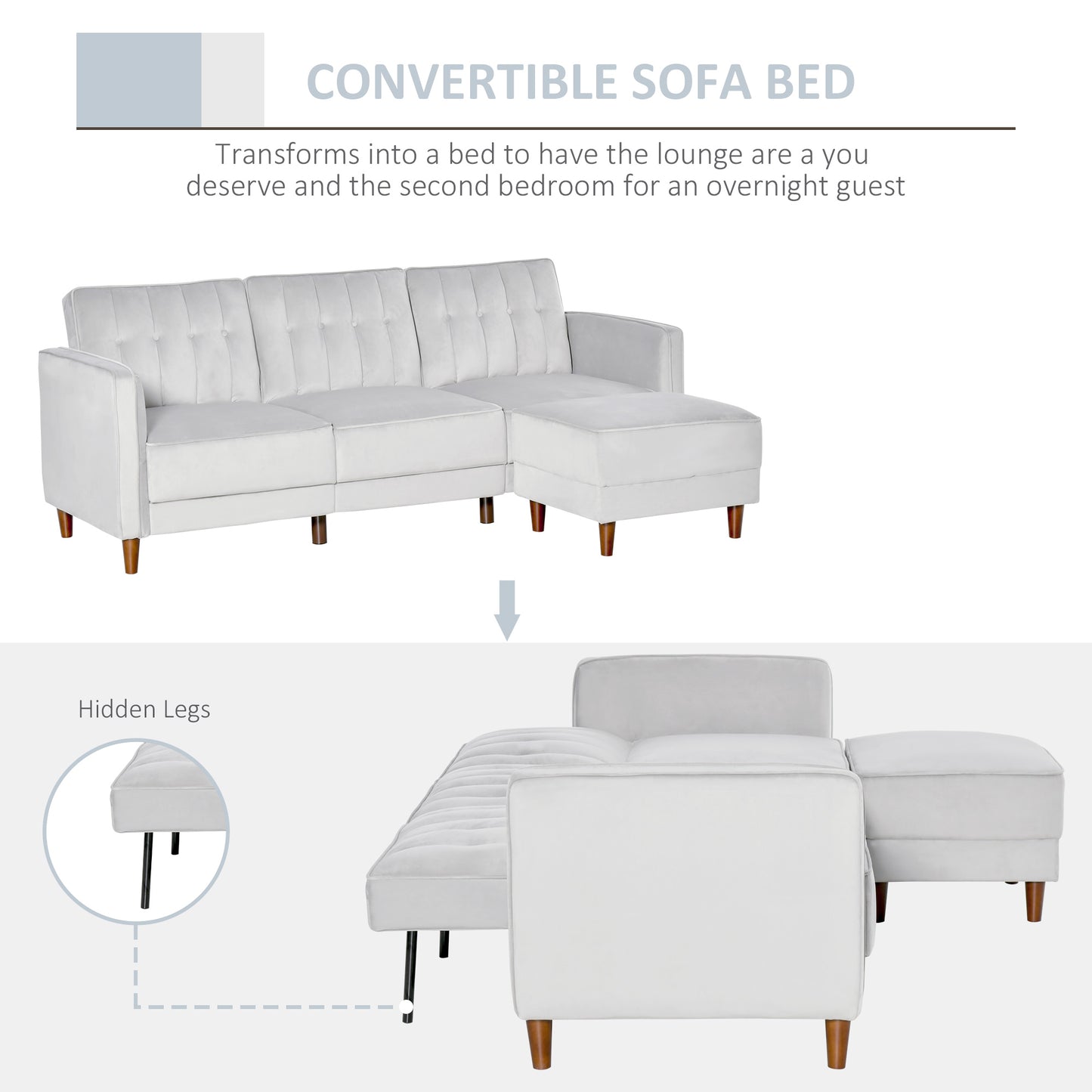 HOMCOM Reversible Velvet-Touch 3-Seater Corner Sofa Bed with Footstool - Light Grey - ALL4U RETAILER LTD