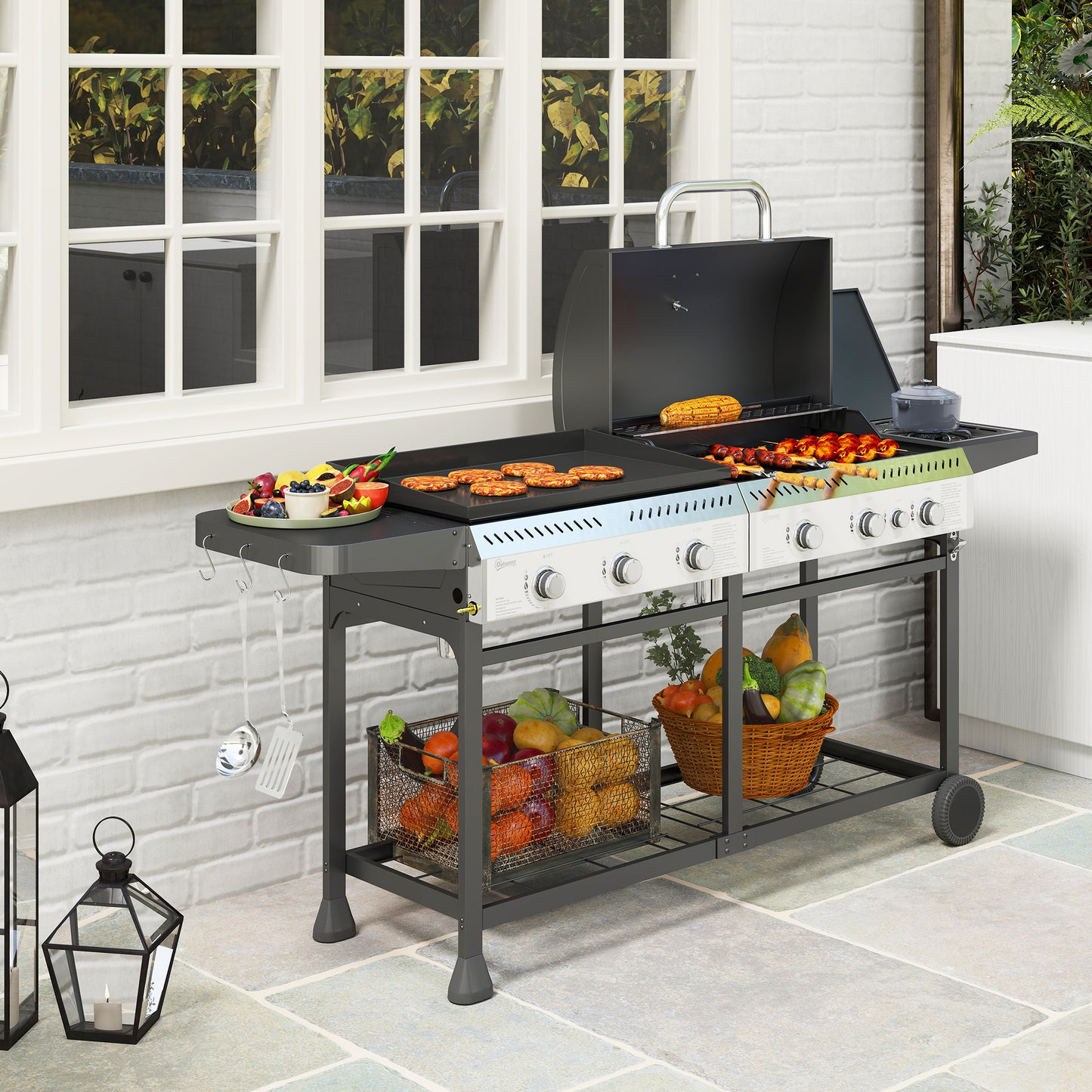 Outsunny Deluxe Duo Gas BBQ With Grill Plancha And Side Burner Large 5565 Cm2 Cooking Surface Black
