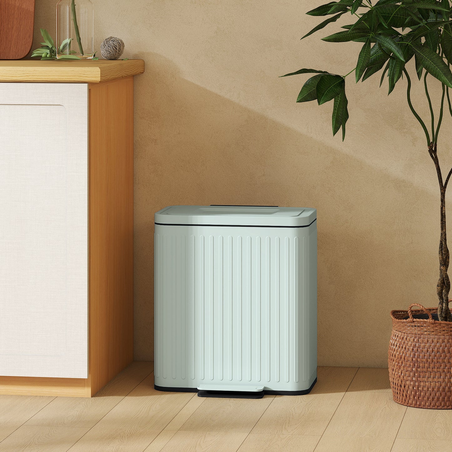 HOMCOM 40L Dual Compartment Rubbish Bin With Pedal And Soft Close Lid For Kitchen Stay Open Lid Green
