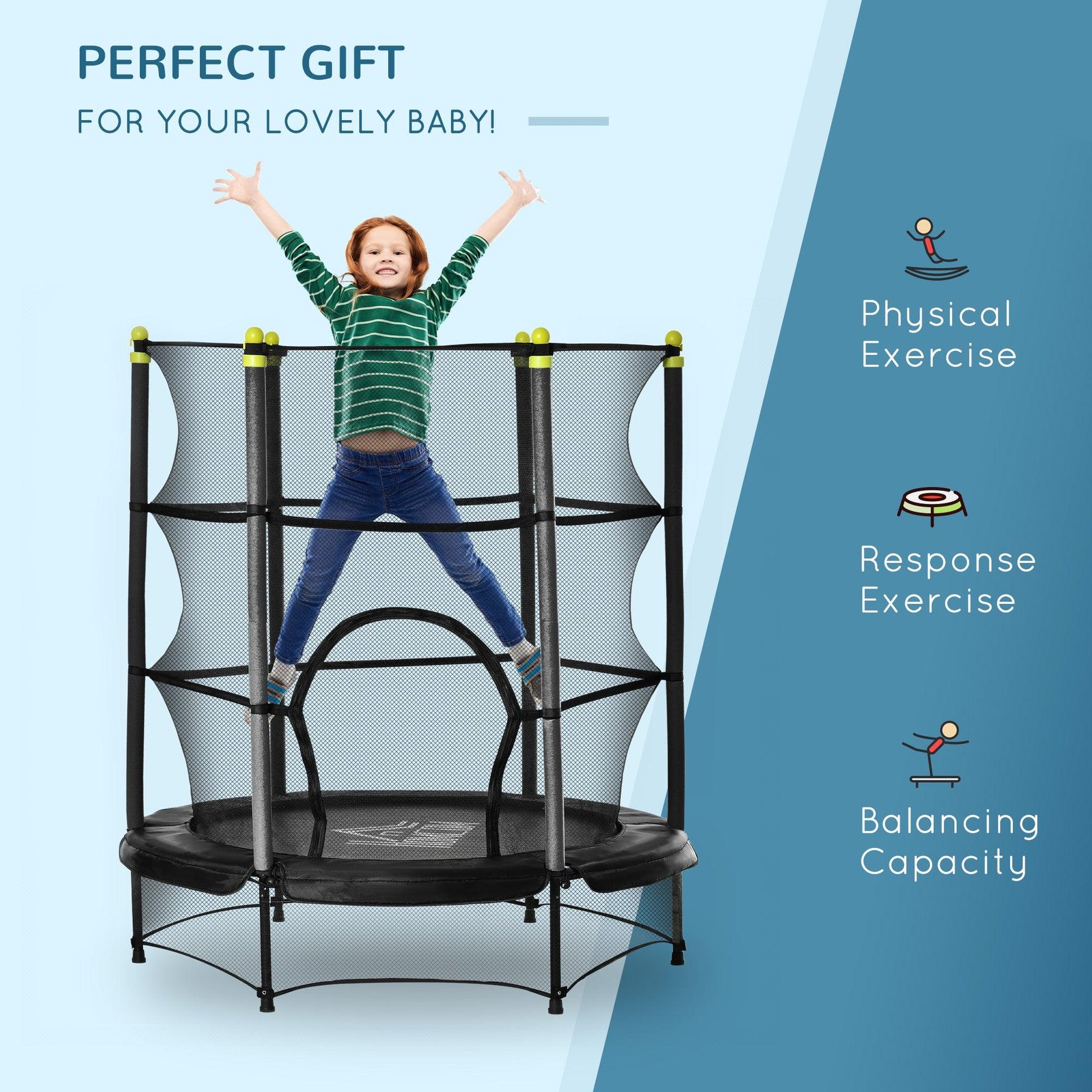 HOMCOM 5.2FT Kids Trampoline with Safety Enclosure, Indoor Outdoor - Black - ALL4U RETAILER LTD