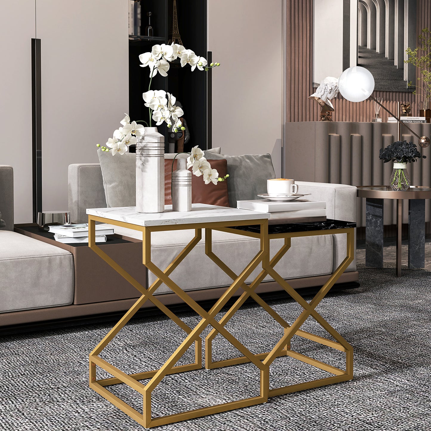 HOMCOM Marble Effect Nesting Tables Set Of Two With Gold Steel Legs For Space Saving