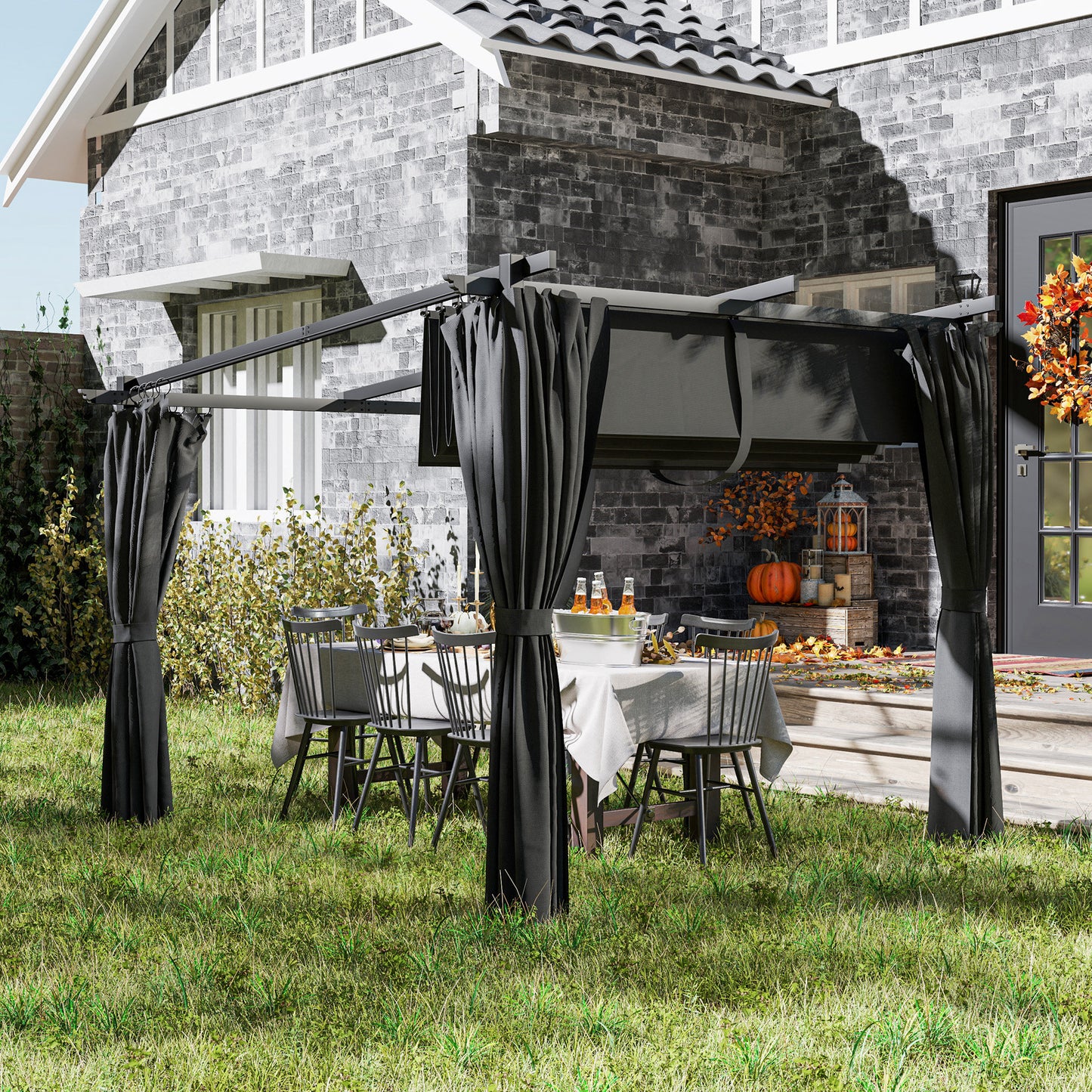 Outsunny 3 x 3 m Retractable Roof Pergola With Curtains Dark Grey Outdoor Patio Shade