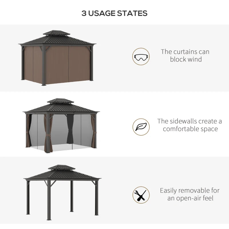 Outsunny 3.65 x 3m Aluminium Hardtop Gazebo with Netting, Curtains, and Hooks - Brown - ALL4U RETAILER LTD