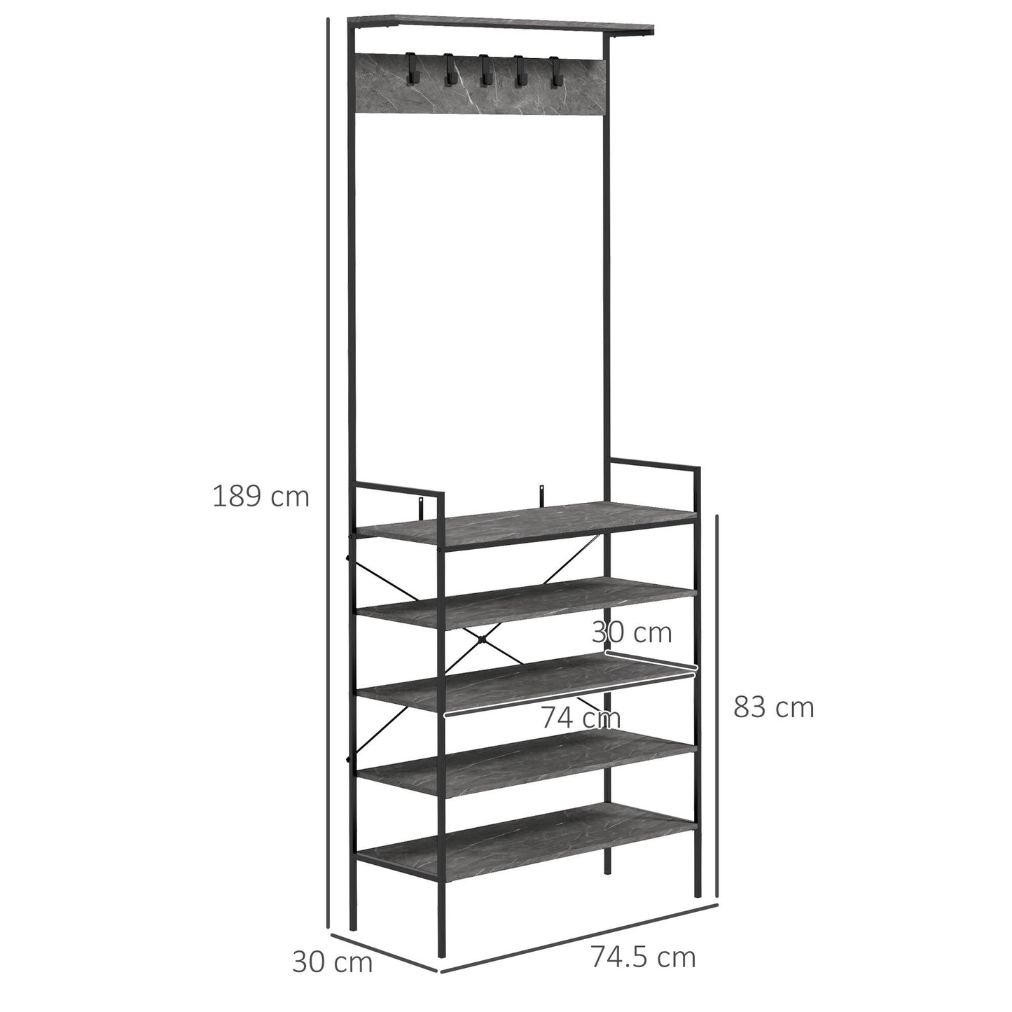 HOMCOM Coat Rack, Coat Stand with Shoe Storage, 5 Hooks for Hallway Grey Marbled - ALL4U RETAILER LTD