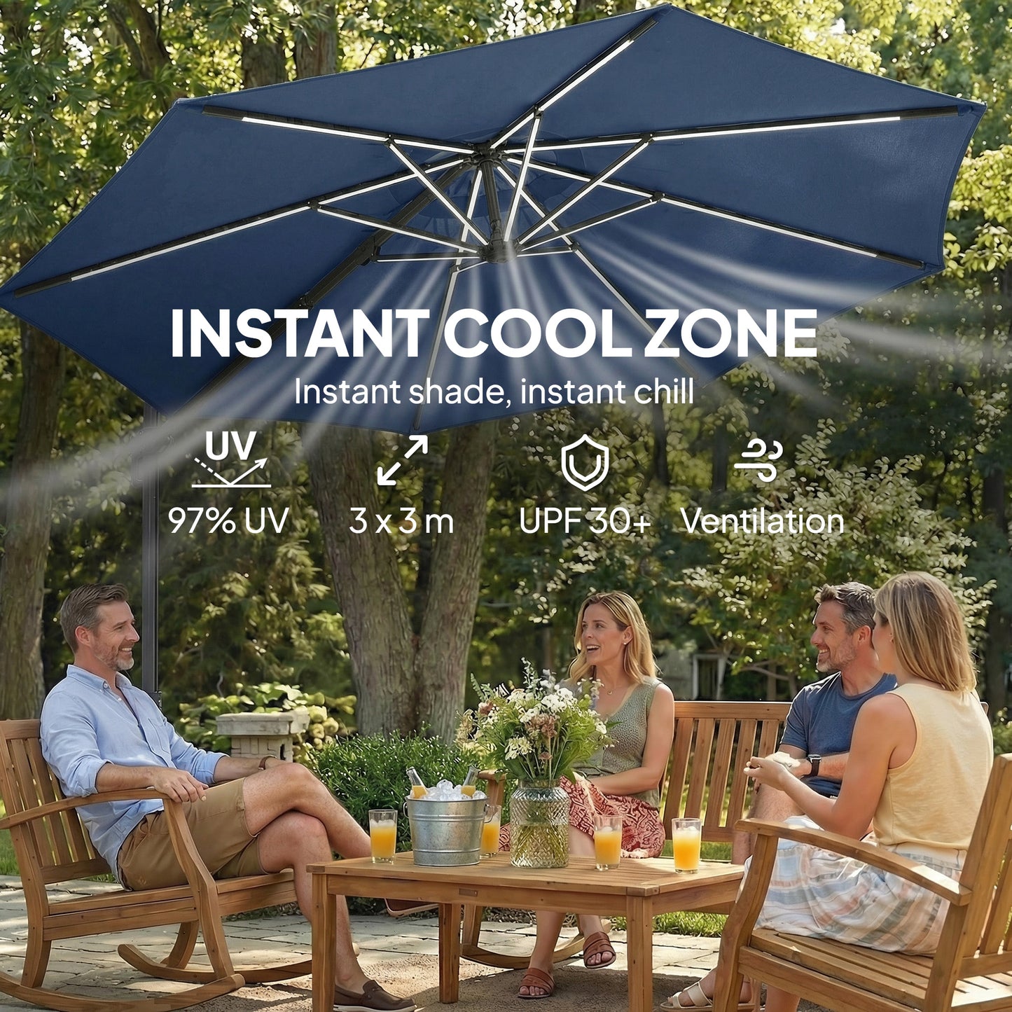 Outsunny Three Meter Garden Cantilever Parasol With LED Solar Light, Round Umbrella With 360 Degree Rotation, Navy Blue