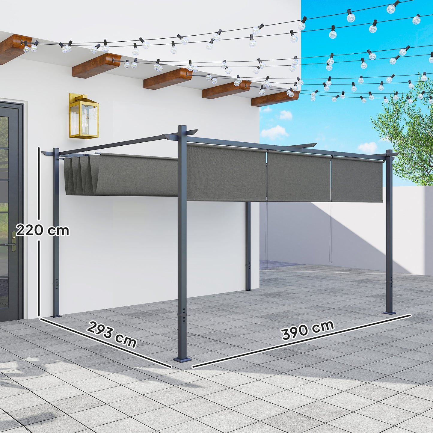 Outsunny 3 By 4m Metal Pergola With Retractable Roof And Roller Shade UPF30 Plus Outdoor Sun Shelter Grey