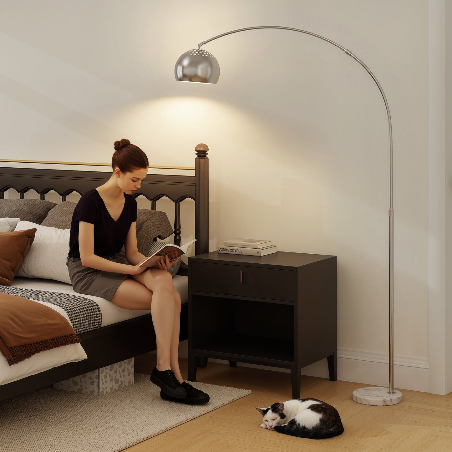 HOMCOM Arc Floor Lamp For Living Room Modern Adjustable Standing Lamp With Faux Black Marble Base Silver Tone