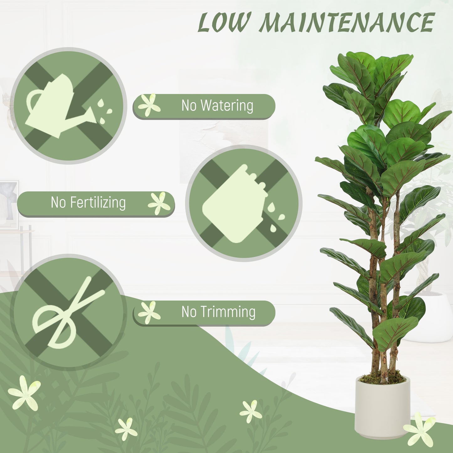 HOMCOM 120cm Artificial Fiddle Leaf Fig Tree Green Realistic Leaves Maintenance Free Indoor Plant Decor