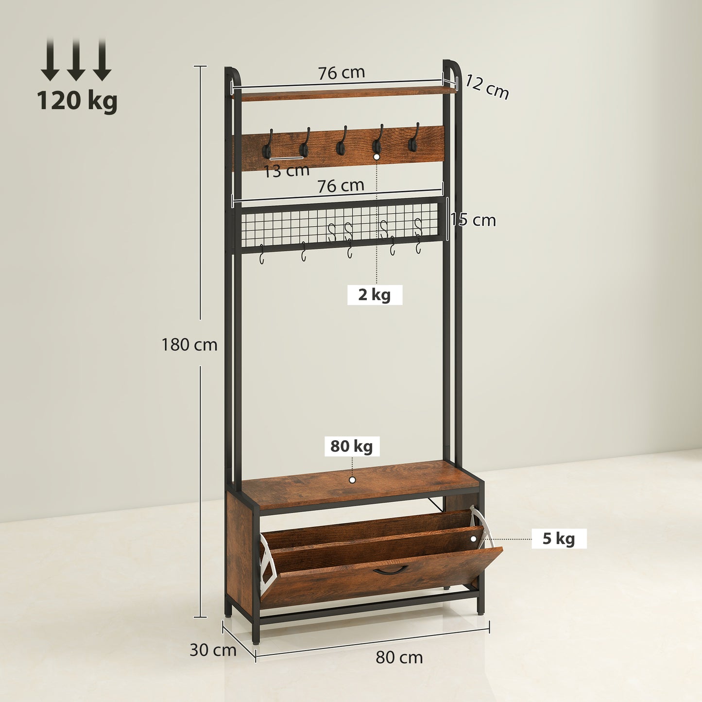 HOMCOM 5-In-1 Industrial Style Hallway Tree With Bench Seat And Shoe Storage In Brown And Black