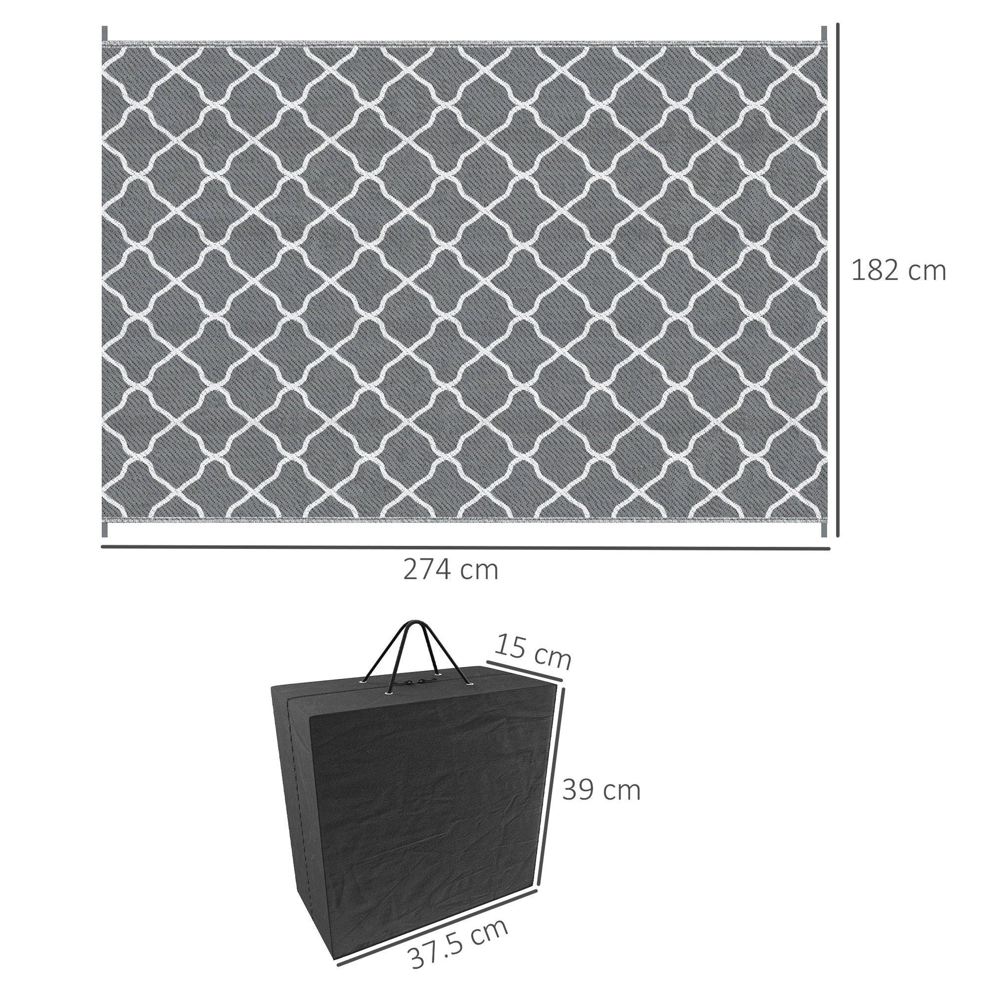 Outsunny Reversible Waterproof Outdoor Rug W/ Carry Bag, 182 x 274 cm, Grey - ALL4U RETAILER LTD