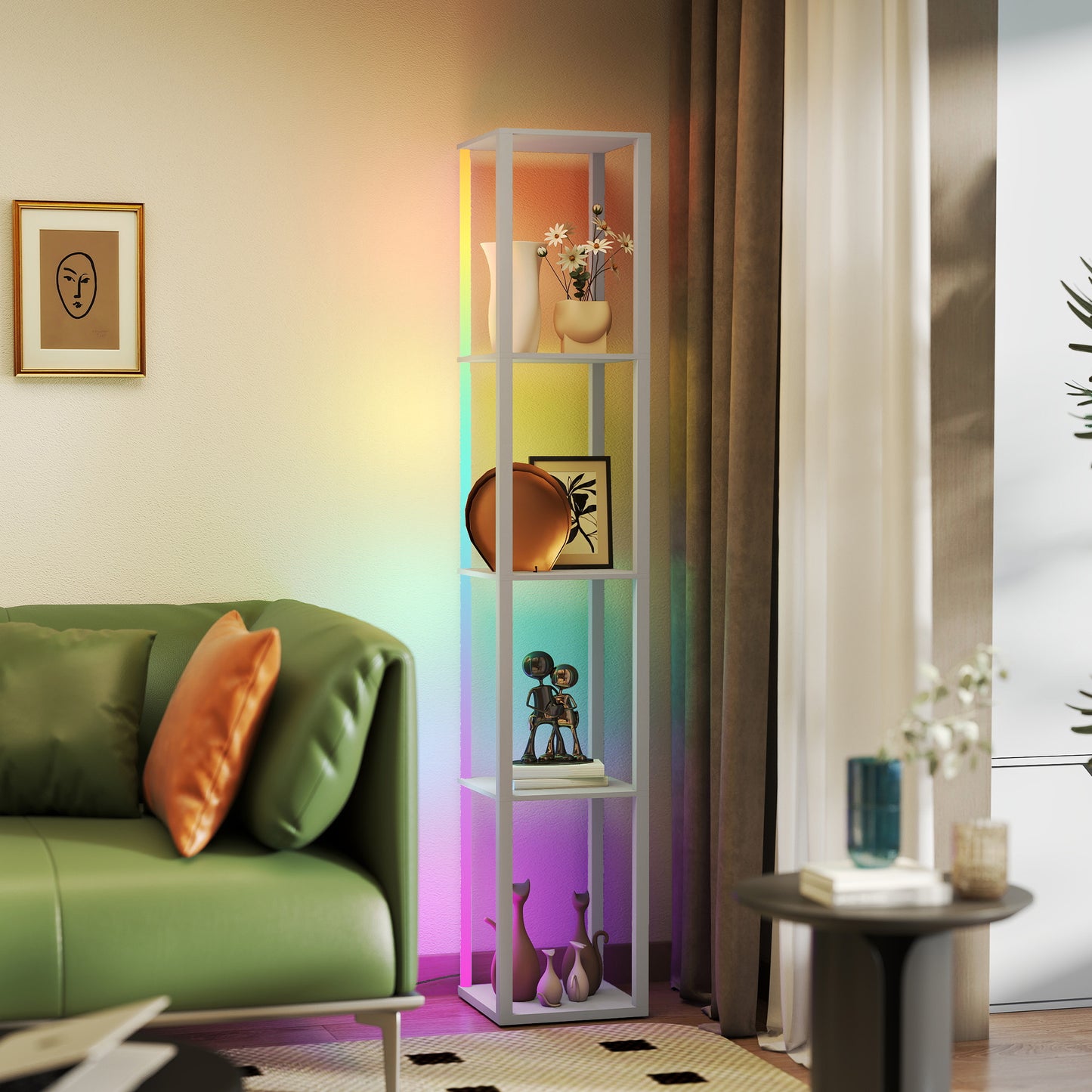 HOMCOM RGB LED Floor Lamp With Shelves, Modern Dimmable Standing Lamp With Remote, Adjustable Brightness And Speed