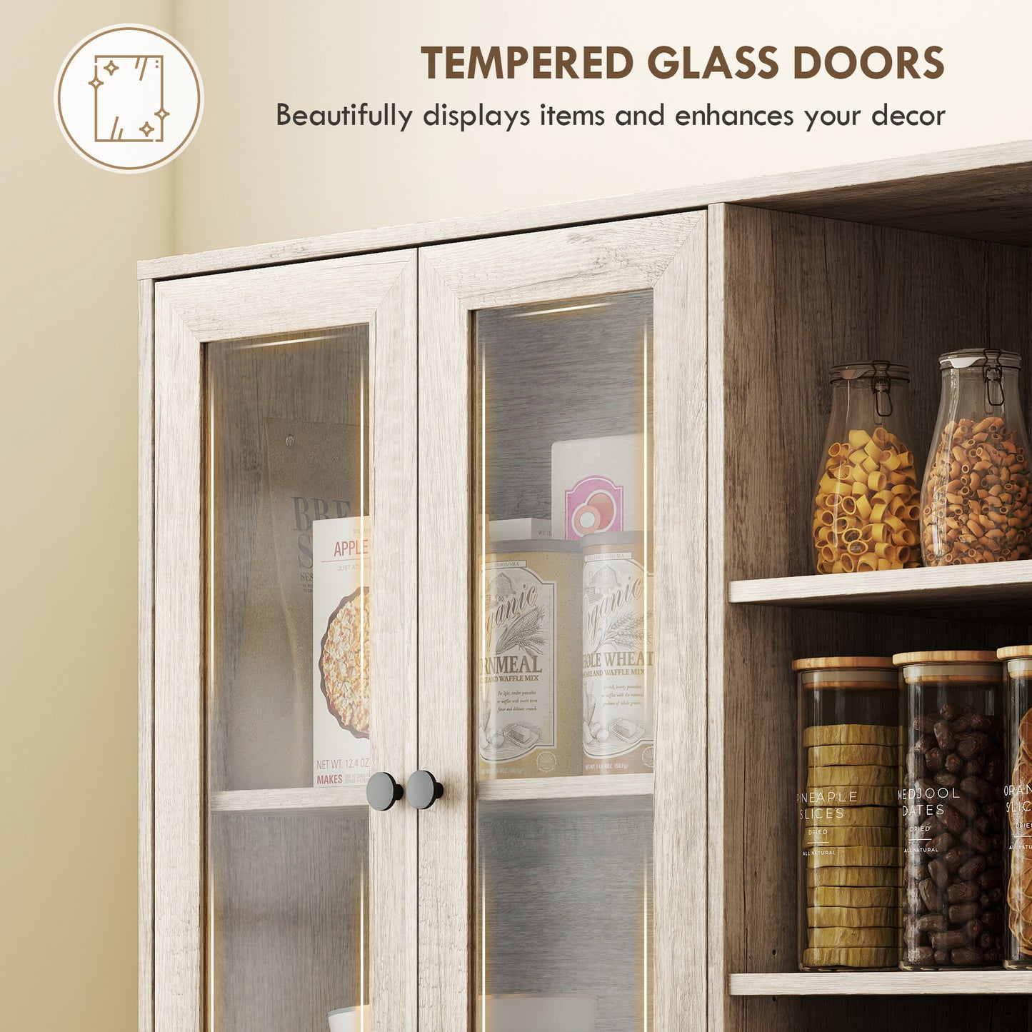 Homcom Multi Storage Kitchen Cabinet With Glass Doors Grey Wood Effect Soft Close Hinges Adjustable Shelves