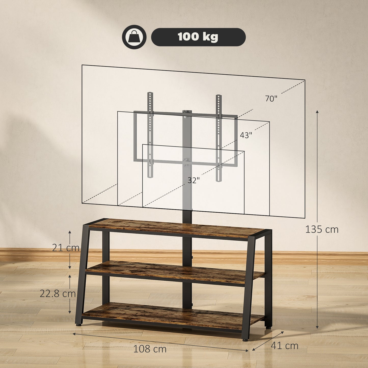 HOMCOM Industrial Style TV Stand With 35 Degree Swivel Bracket For 32 To 70 Inch TVs Dark Brown Steel Frame