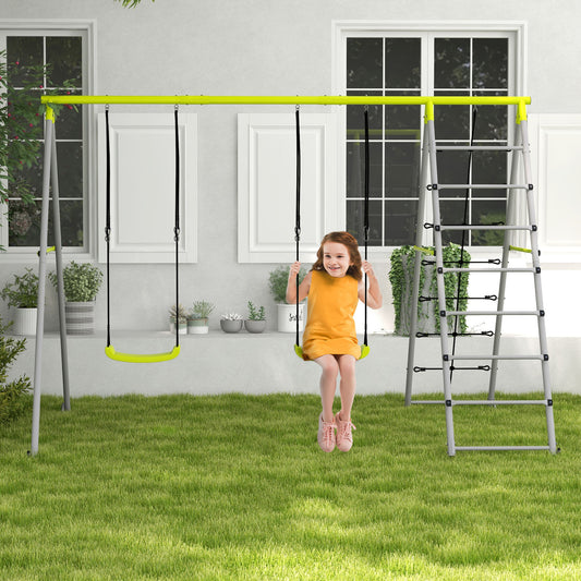 Outsunny 4-in-1 Garden Playset with Double Swings and Climbing Frame - Green - ALL4U RETAILER LTD