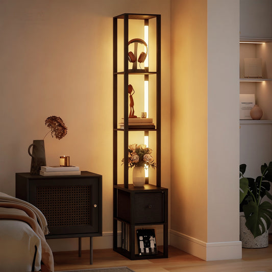 HOMCOM Floor Lamp With Shelves LED Column Modern Standing Lamp With Fabric Drawer And Foot Switch For Living Room Black