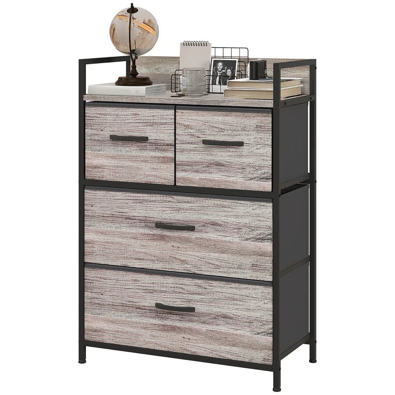 HOMCOM Rustic Grey Fabric Drawer Chest - 4-Drawer Wood Effect Dresser for Bedroom Storage - ALL4U RETAILER LTD