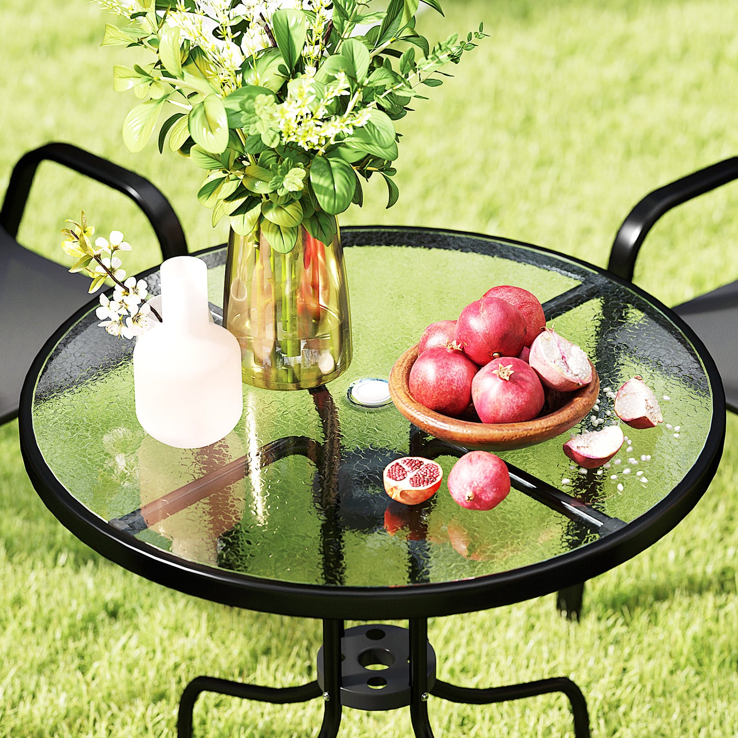 Outsunny Five Piece Steel Outdoor Patio Set With Round Glass Top Table And Stackable Chairs Black