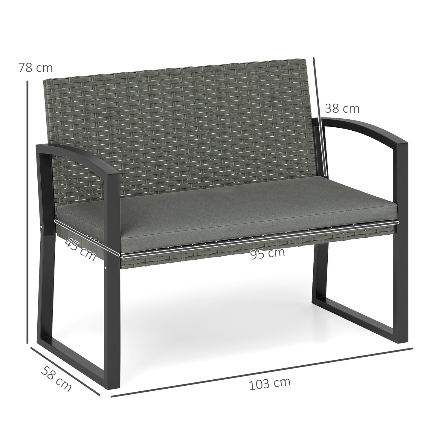 Outsunny Two Seater Rattan Garden Bench with Cushioned Seat and Light Grey Finish