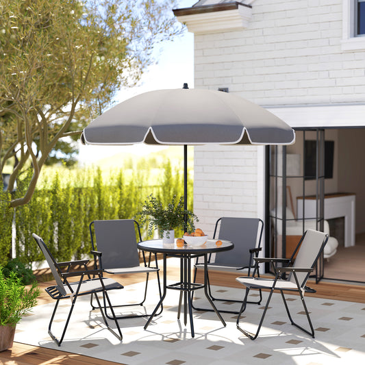Outsunny 4 Seater Outdoor Garden Furniture Set With Parasol Round Glass Top Table And Folding Chairs For Patio Grey