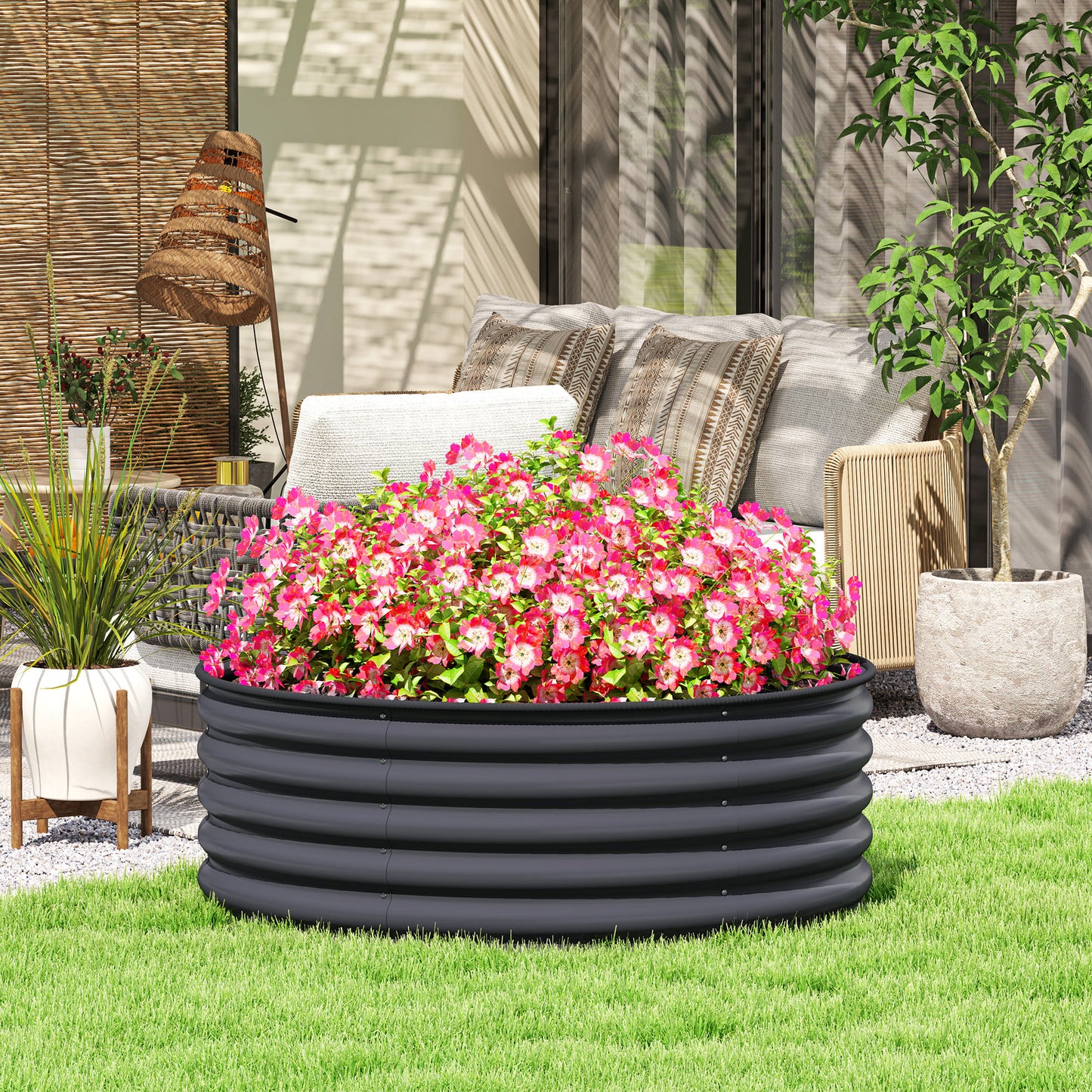 Outsunny Galvanised Raised Garden Bed With Safety Edging And Gloves Outdoor Planter Box 120 x 120 x 43cm Dark Grey