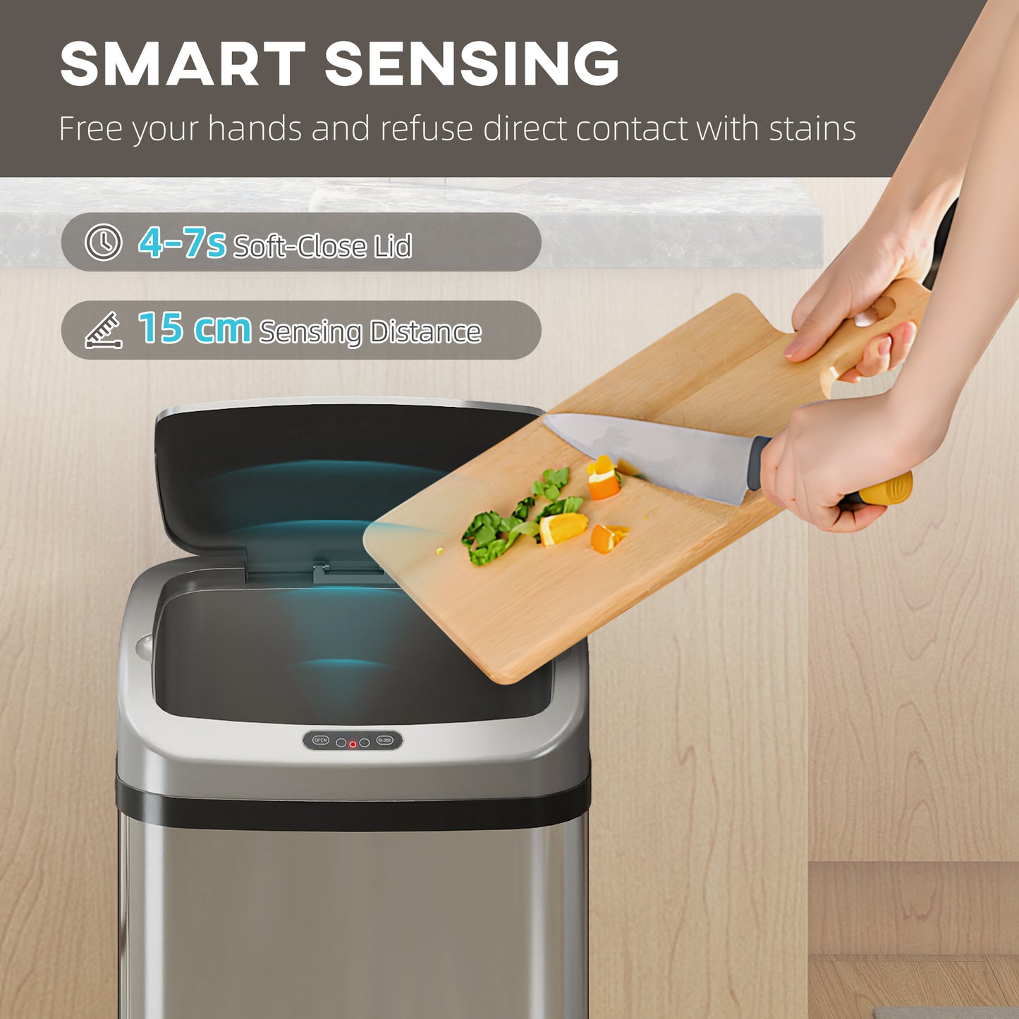 HOMCOM 48L Stainless Steel Sensor Bin Automatic Lid Infrared Sensor Kitchen Trash Can Silver Tone