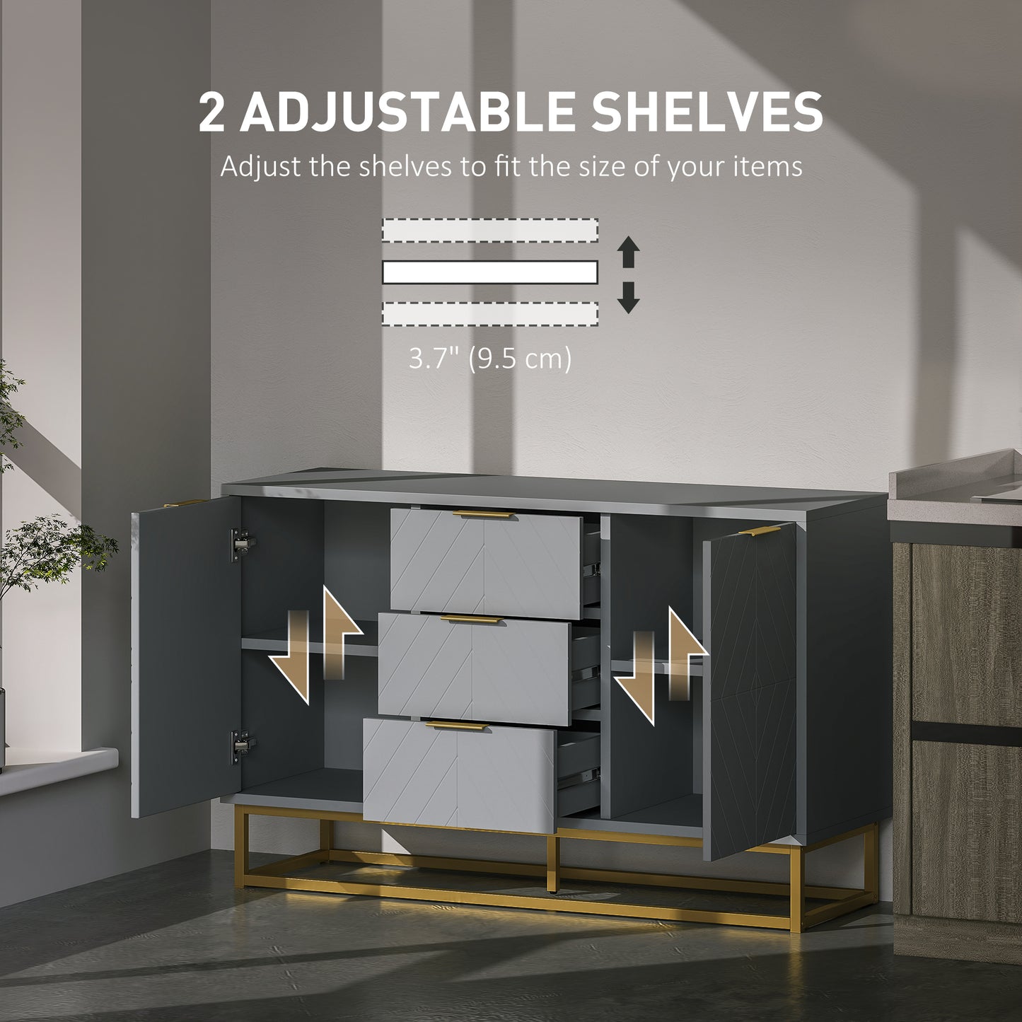 HOMCOM Sideboard with 3 Drawers and Adjustable Shelves for Living Room - Grey