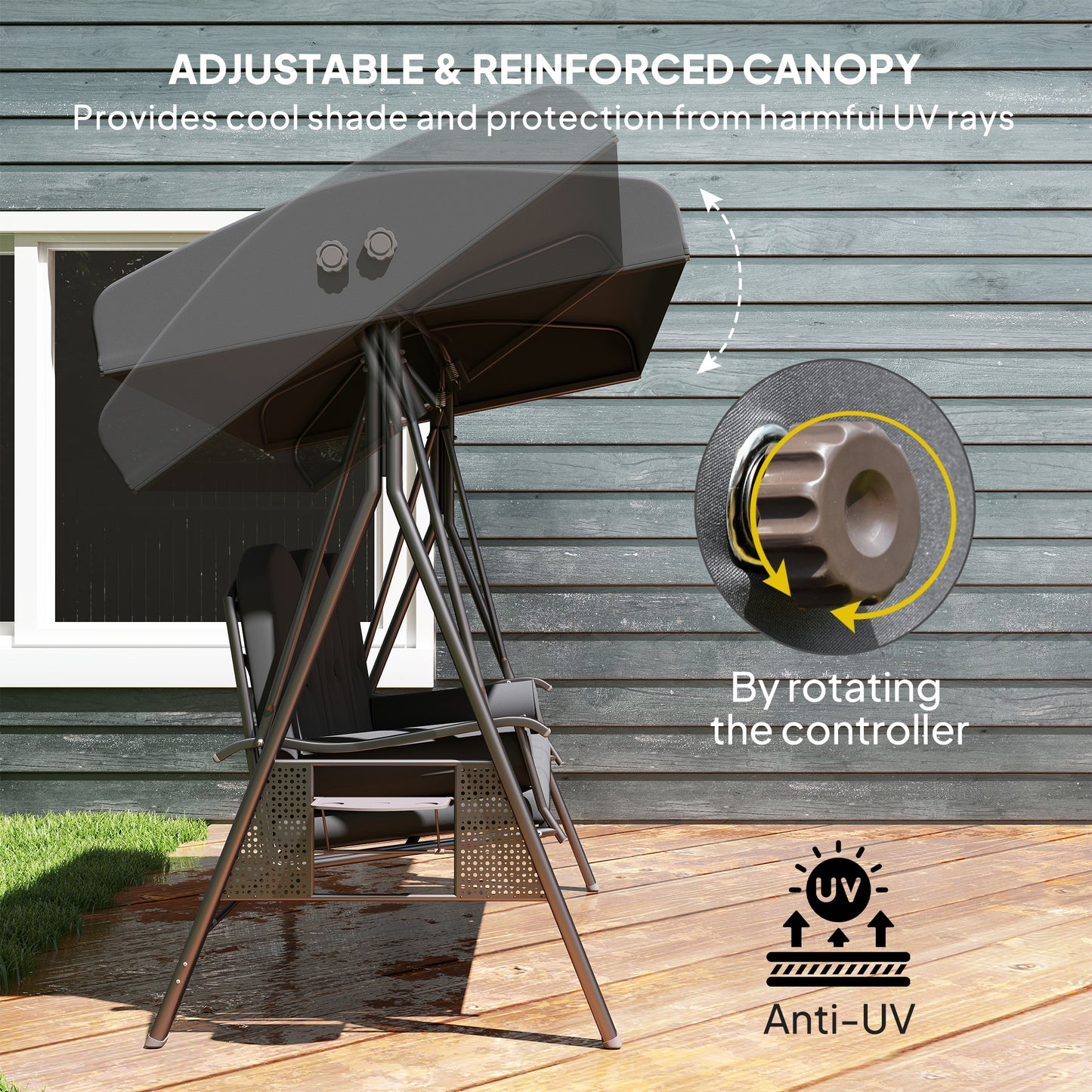 Outsunny Three Seater Garden Swing Chair With Adjustable Canopy Cushions Cup Trays Brown Steel Frame Dark Grey Fabric