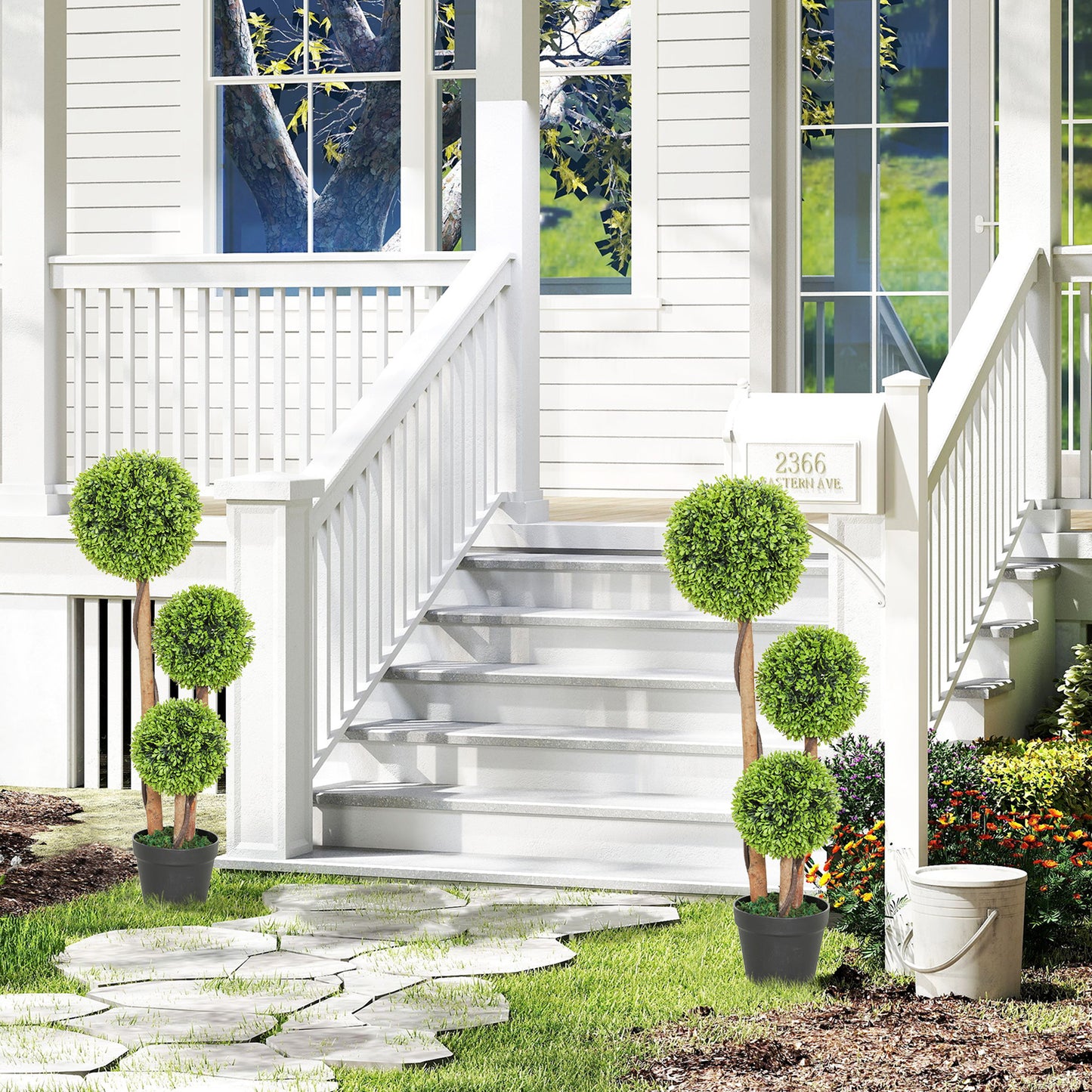 HOMCOM Decorative Artificial Boxwood Ball Topiary Trees Set Of 2 In Pots For Home Indoor Outdoor Decor